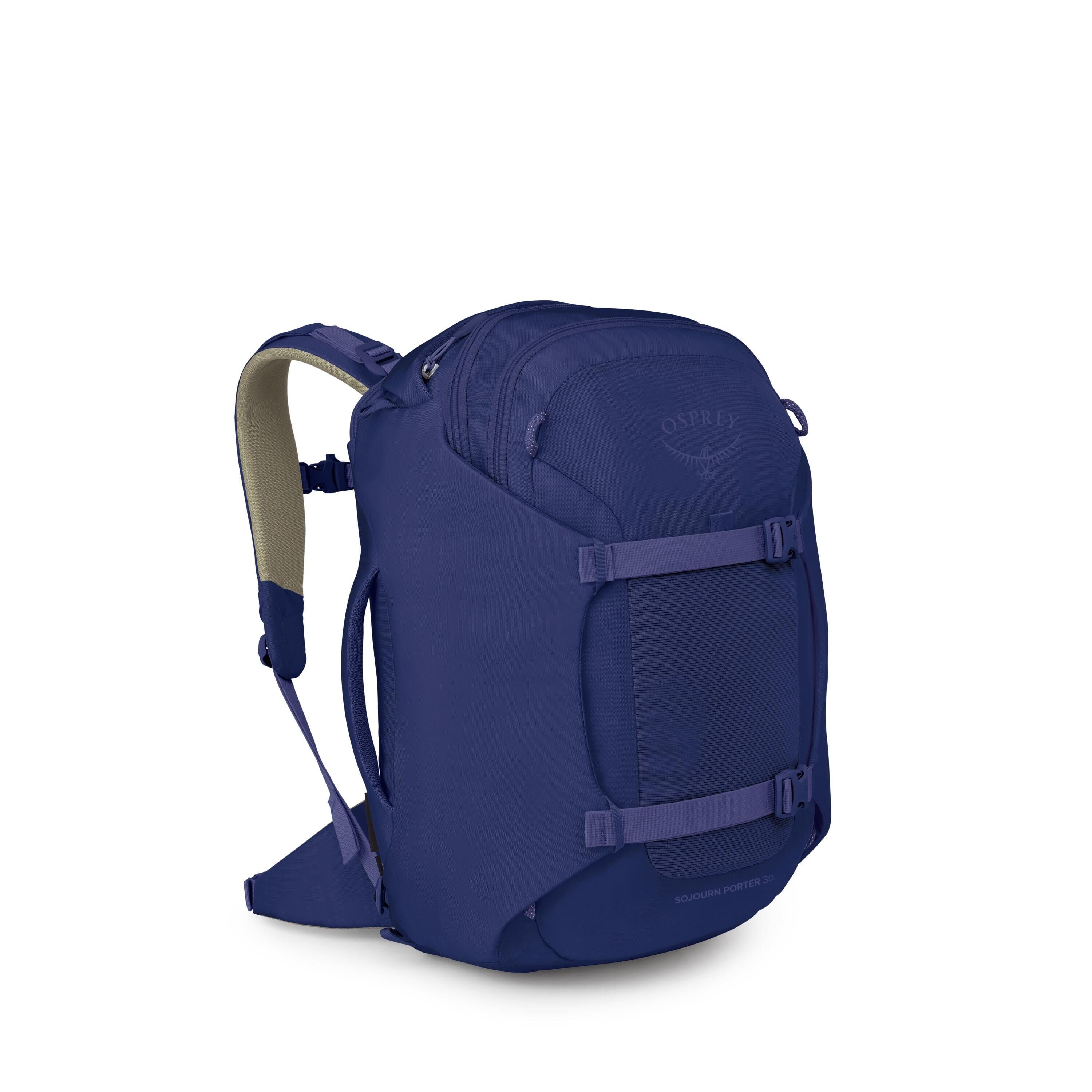 A deep blue Osprey backpack is shown at a three-quarter angle against a white background. The pack features a streamlined shape with two horizontal compression straps across a front shove-it pocket, a zippered top compartment, and padded shoulder straps w