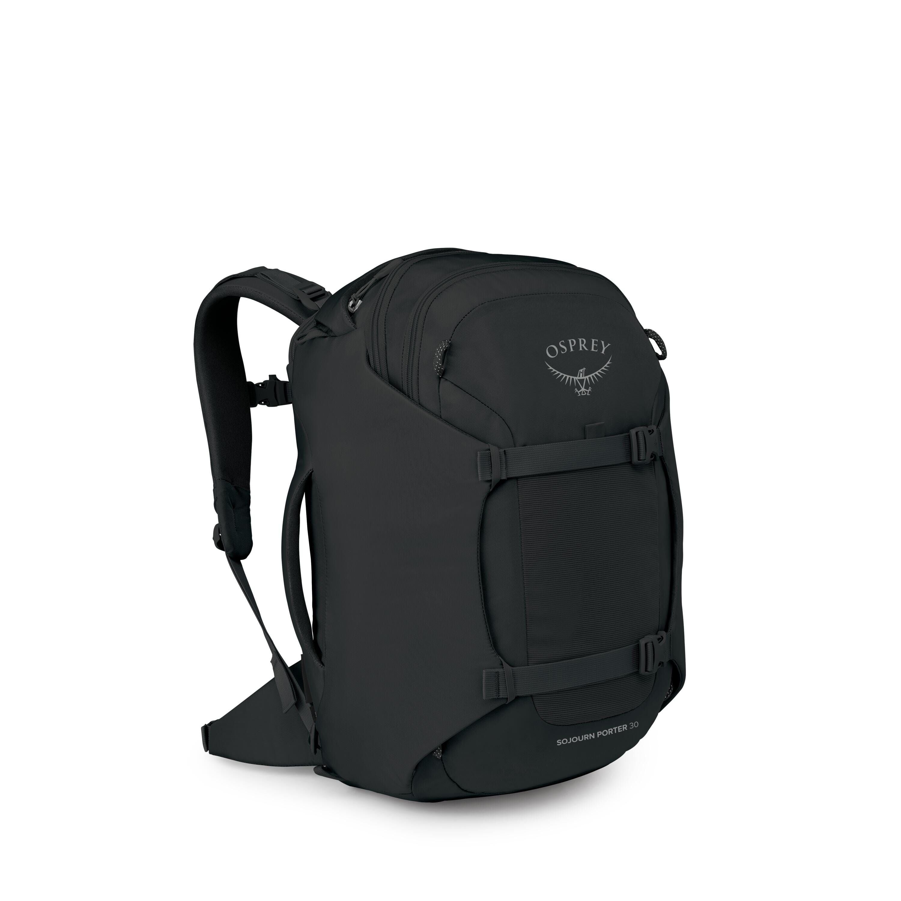 The image shows a black Osprey backpack, likely a travel or hiking model. It has a streamlined, rectangular body with a large front panel, two horizontal compression straps, and side handles. Padded shoulder straps and a hip belt are visible, along with m