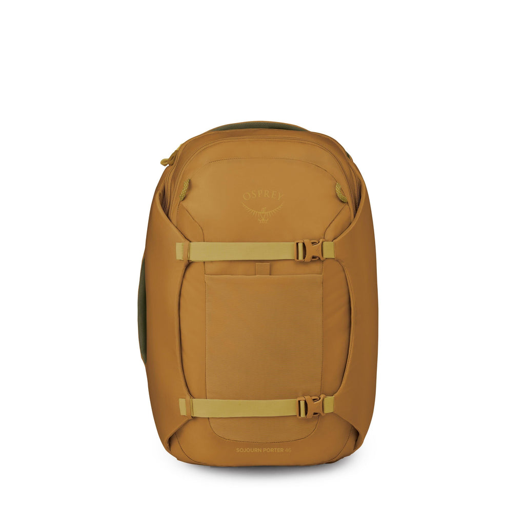 The images show a mustard-yellow Osprey backpack, likely a travel or carry-on style. It has a streamlined, semi-rigid front with two horizontal compression straps and a small front panel pocket. The Osprey logo is centered near the top, and the bag featur