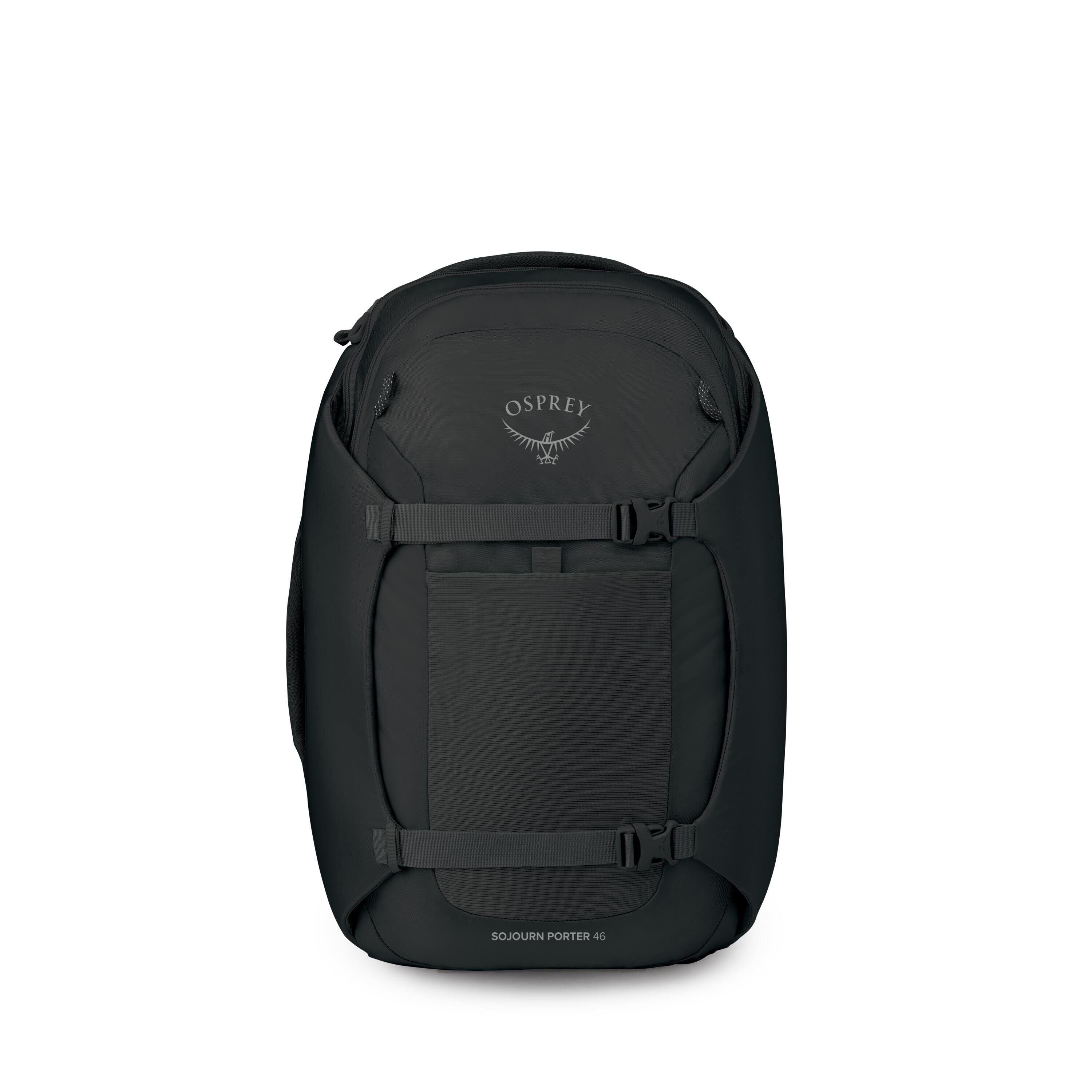 The image shows a black travel backpack with a sleek, rounded shape. It features two horizontal compression straps across the front and a rectangular front panel pocket. The Osprey logo is centered near the top. Additional images display the bag with high
