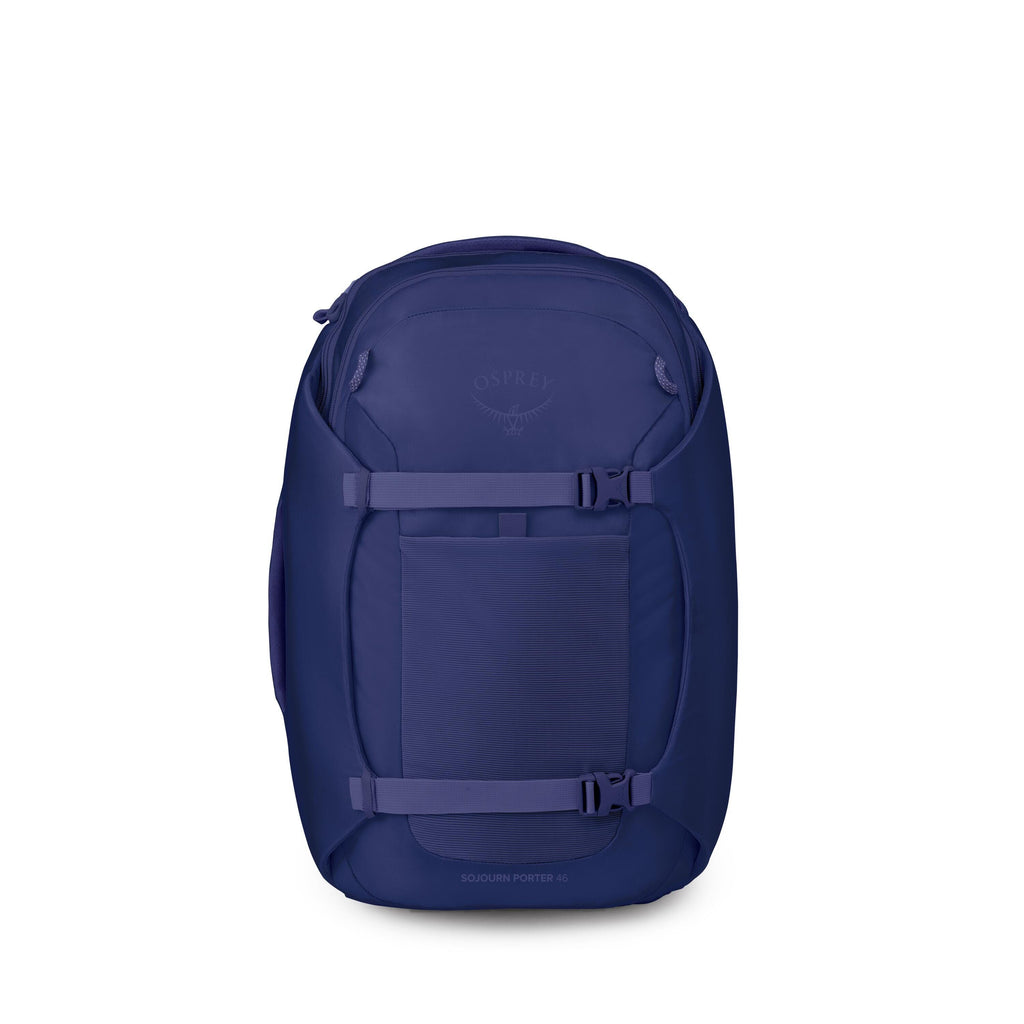 The image shows a dark blue Osprey backpack photographed from the front against a white background. It has a streamlined, rectangular shape with rounded edges and two horizontal compression straps across the front secured by side-release buckles. A flat f