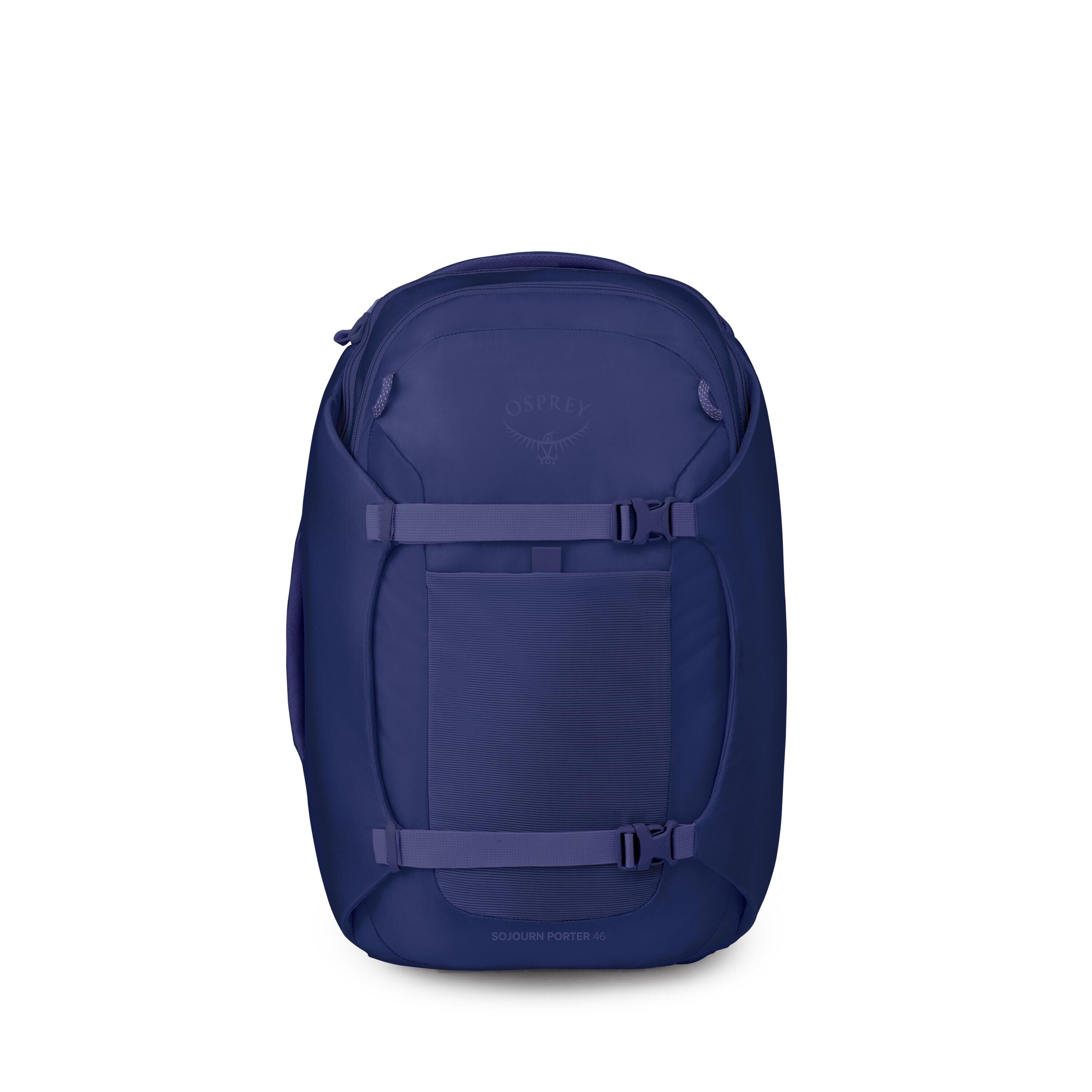 The image shows a dark blue Osprey backpack photographed from the front against a white background. It has a streamlined, rectangular shape with rounded edges and two horizontal compression straps across the front secured by side-release buckles. A flat f