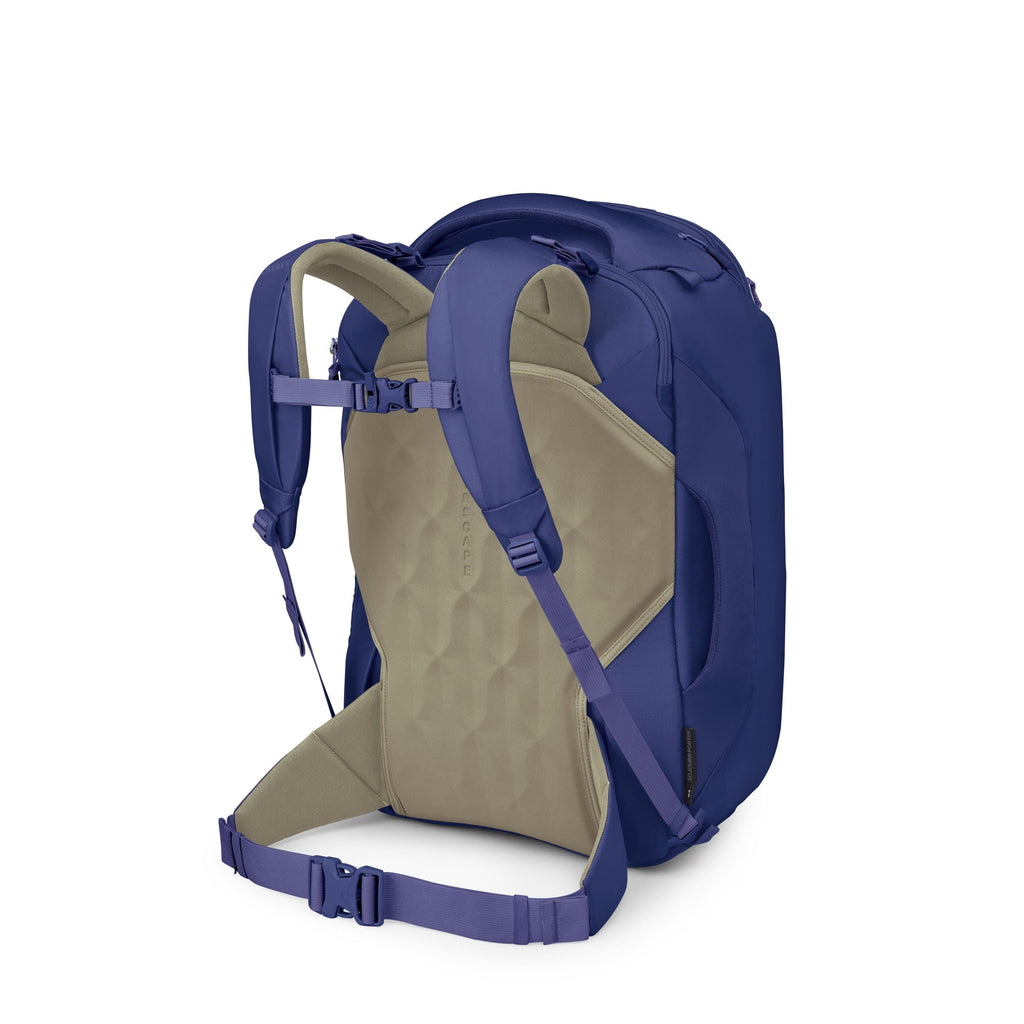 The image shows a deep purple Osprey backpack with a streamlined, travel-ready design. It features padded shoulder straps, a hip belt, and multiple zippered compartments, including a top pocket and a large main compartment. Two horizontal compression stra