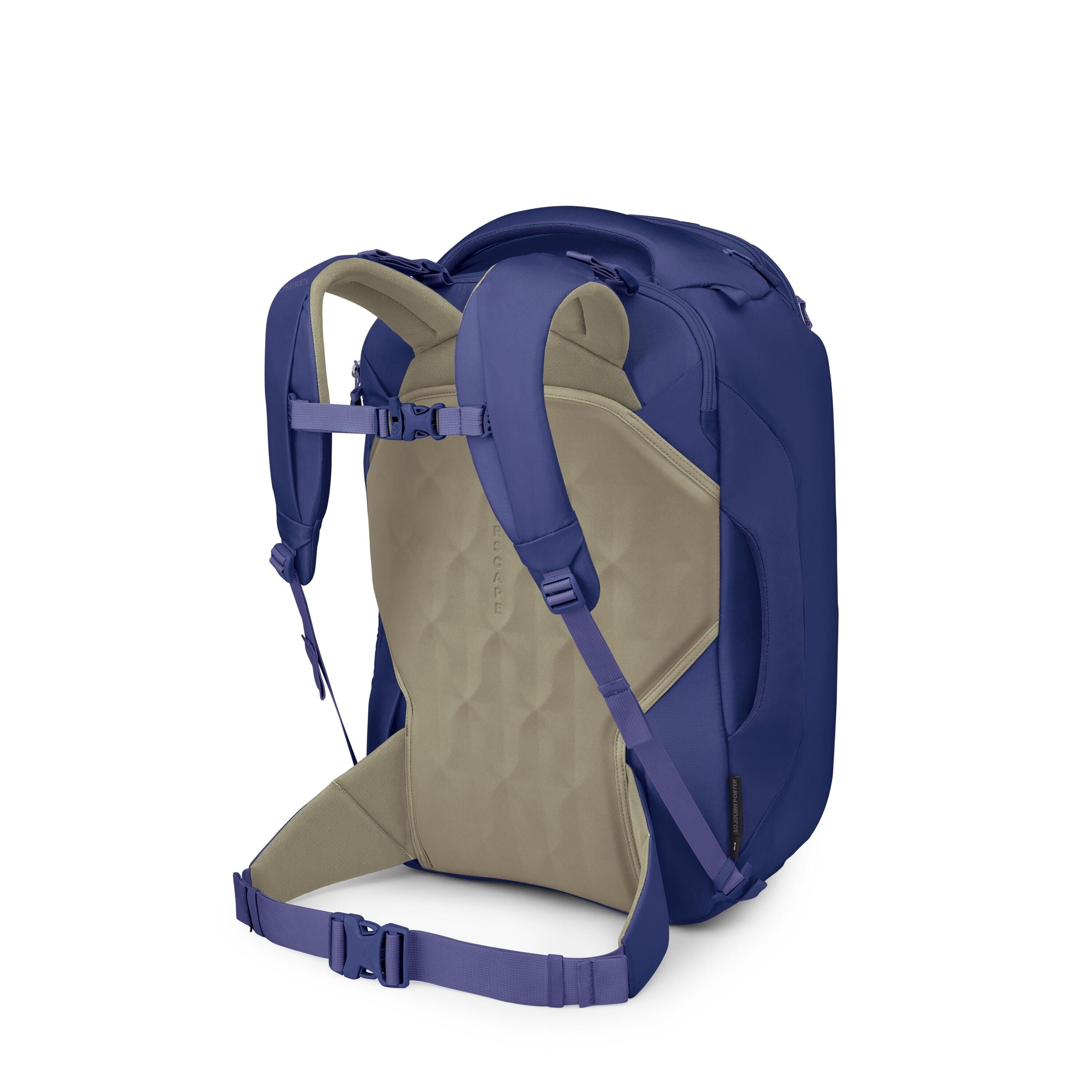 The image shows a deep purple Osprey backpack with a streamlined, travel-ready design. It features padded shoulder straps, a hip belt, and multiple zippered compartments, including a top pocket and a large main compartment. Two horizontal compression stra