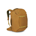The image shows a mustard-yellow Osprey backpack with a streamlined, travel-ready design. It features padded shoulder straps, a hip belt, and multiple zippered compartments, including a top pocket and a large main compartment. Two horizontal compression s
