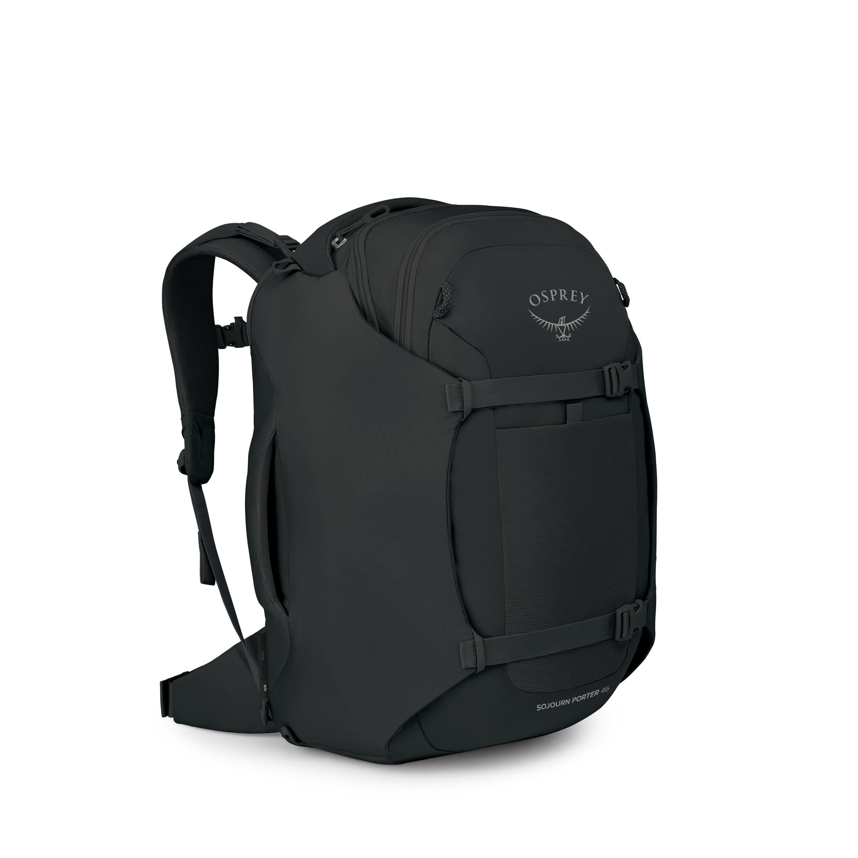 The images show a sleek black Osprey travel backpack, likely the Sojourn Porter 46. It has a streamlined, rectangular front panel with compression straps and a zippered top compartment. Padded shoulder straps and a hip belt are visible, suggesting good lo