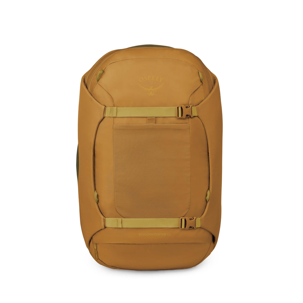 The images show a mustard-yellow Osprey Sojourn Porter 65 travel backpack photographed on a white background. It has a clean, rectangular front panel with two horizontal compression straps and rounded corners. Additional views display the detachable front