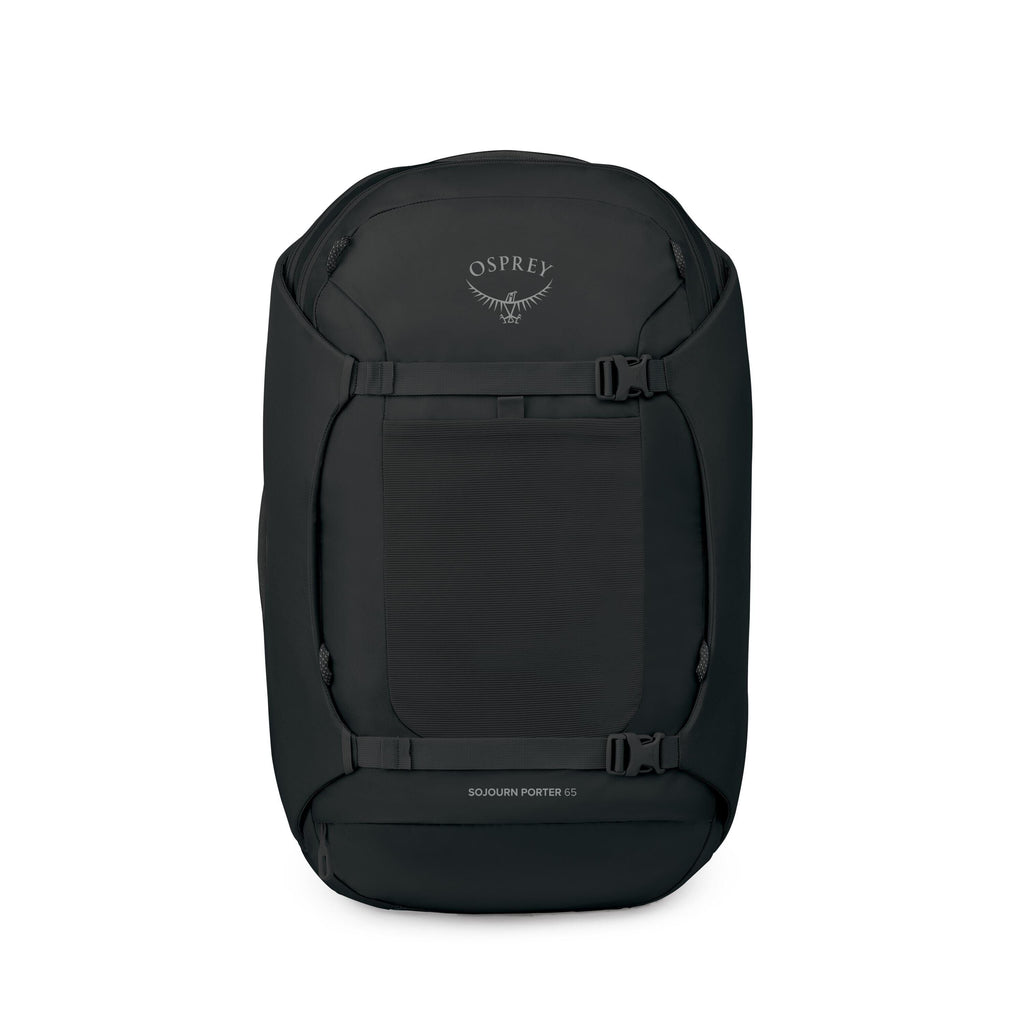 The images show a black Osprey Sojourn Porter 65 travel backpack. It has a streamlined rectangular front panel with compression straps and buckles across the middle and bottom, and the Osprey bird logo near the top. Additional frames display the same pack