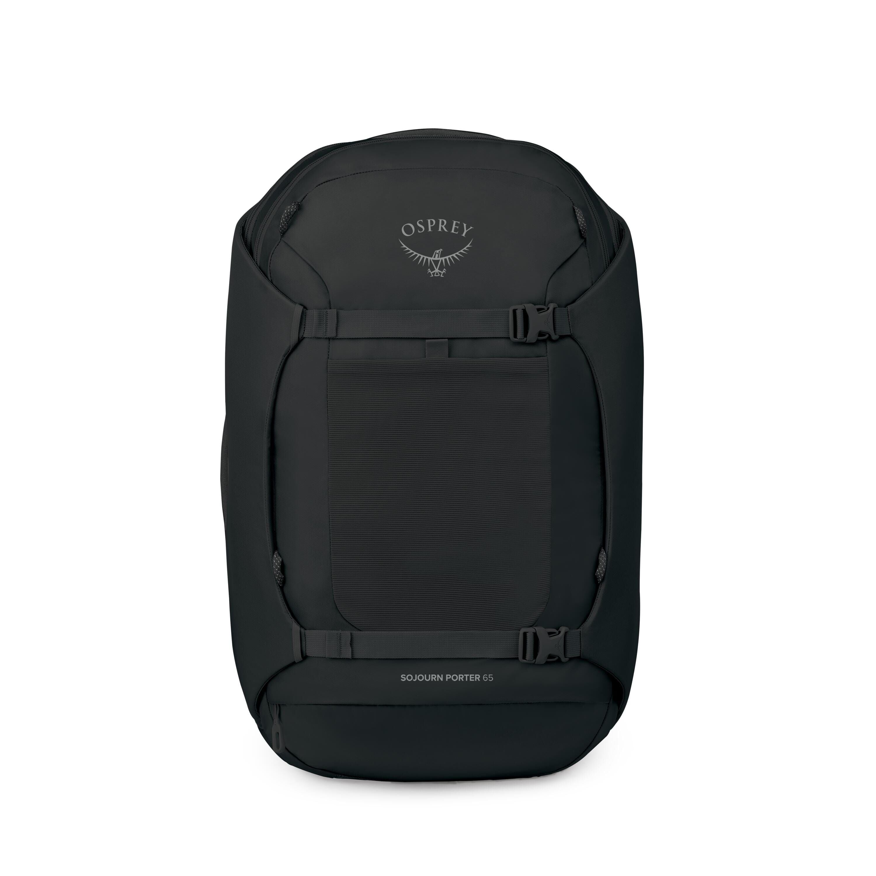 The images show a black Osprey Sojourn Porter 65 travel backpack. It has a streamlined rectangular front panel with compression straps and buckles across the middle and bottom, and the Osprey bird logo near the top. Additional frames display the same pack