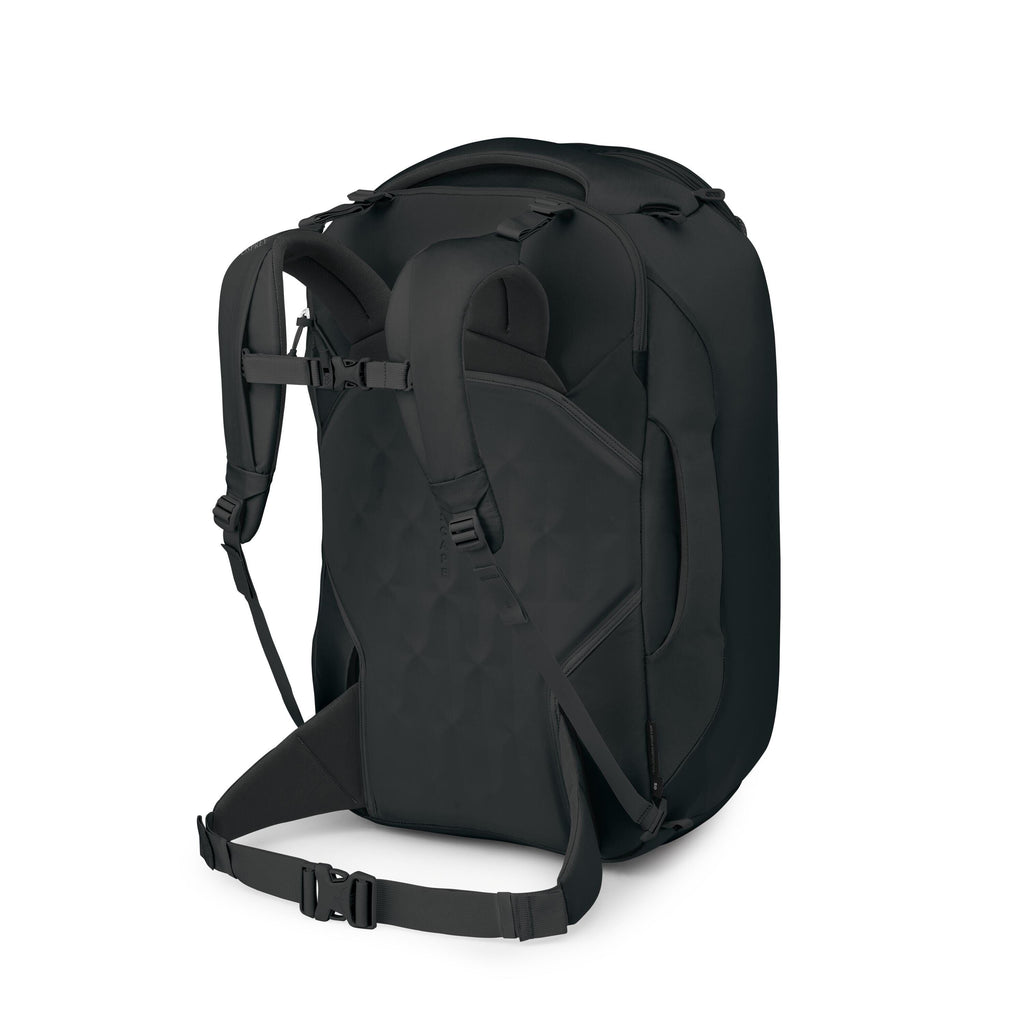 The images show a sleek black travel backpack photographed from the back. It features padded shoulder straps, a sternum strap, and a padded hip belt for support, along with a textured back panel. Several frames isolate components like buckles, straps, and