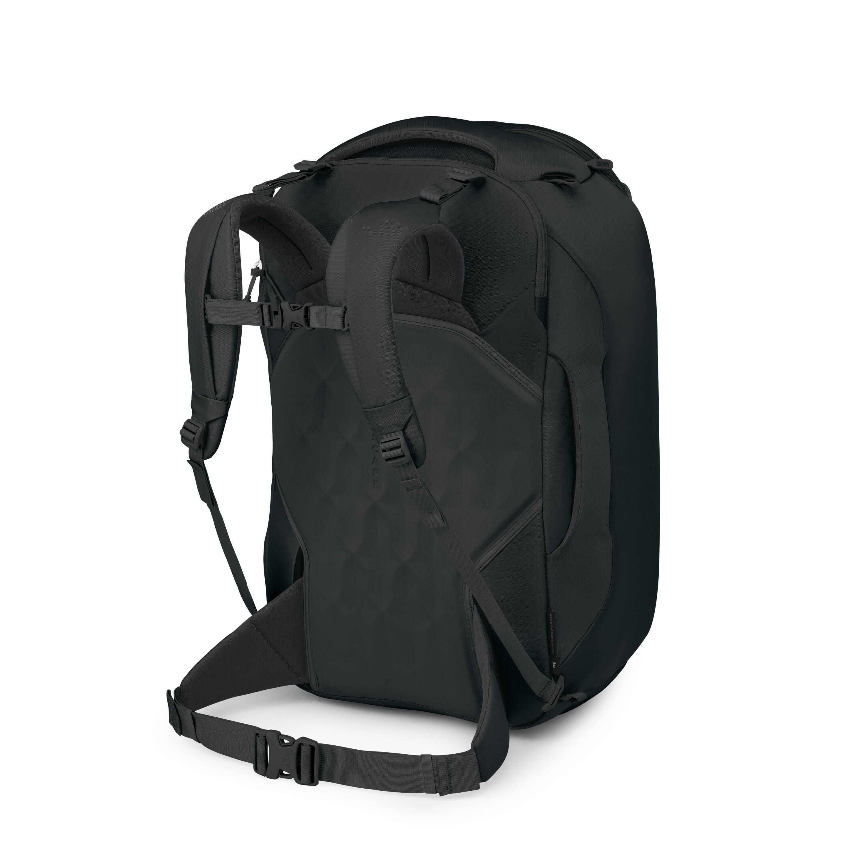 The images show a sleek black travel backpack photographed from the back. It features padded shoulder straps, a sternum strap, and a padded hip belt for support, along with a textured back panel. Several frames isolate components like buckles, straps, and