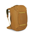 The images show a mustard-brown Osprey backpack with streamlined, travel-ready styling. It has a large main compartment, a front panel pocket secured by two horizontal compression straps, and multiple zippered pockets on the top and bottom. Padded shoulde