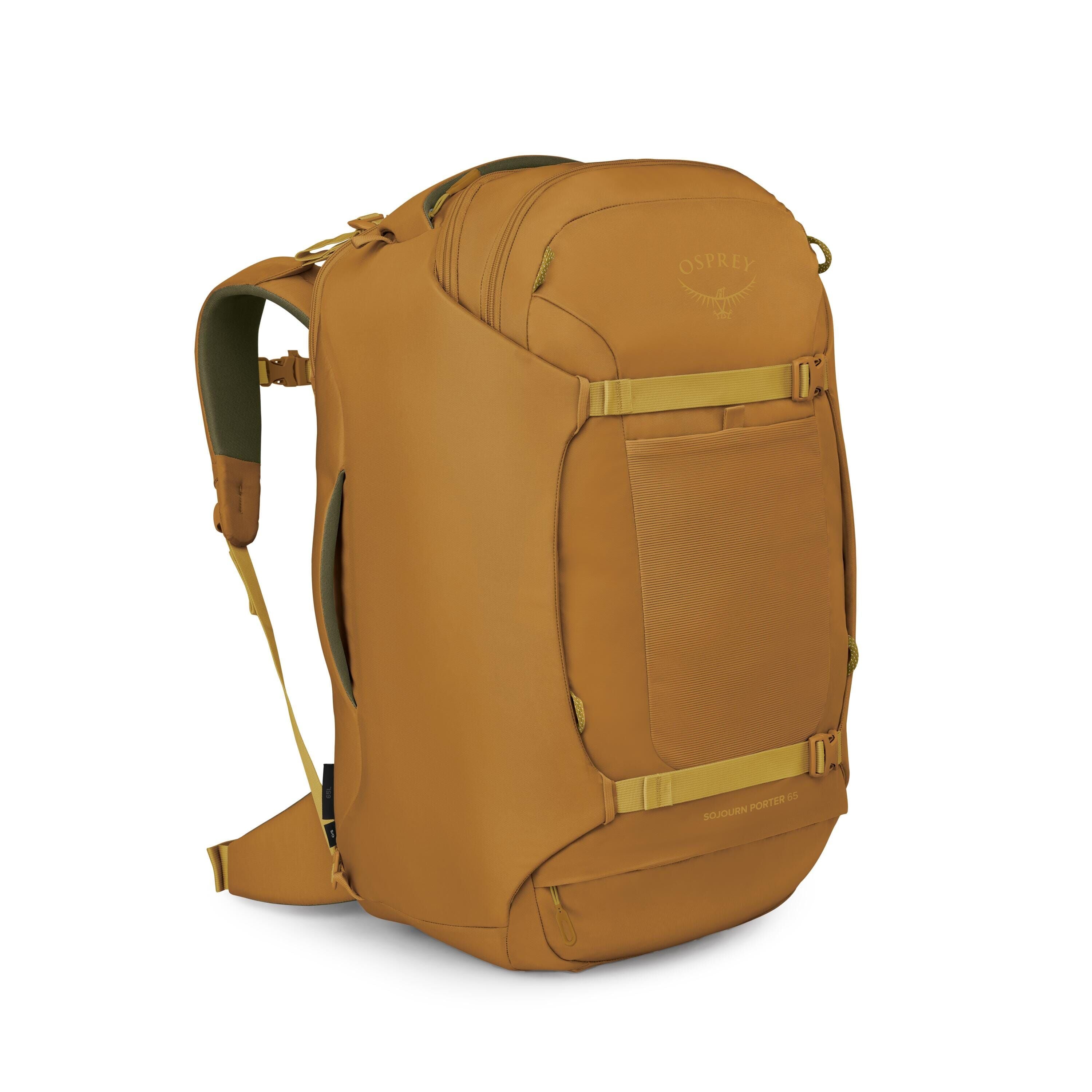 The images show a mustard-brown Osprey backpack with streamlined, travel-ready styling. It has a large main compartment, a front panel pocket secured by two horizontal compression straps, and multiple zippered pockets on the top and bottom. Padded shoulde