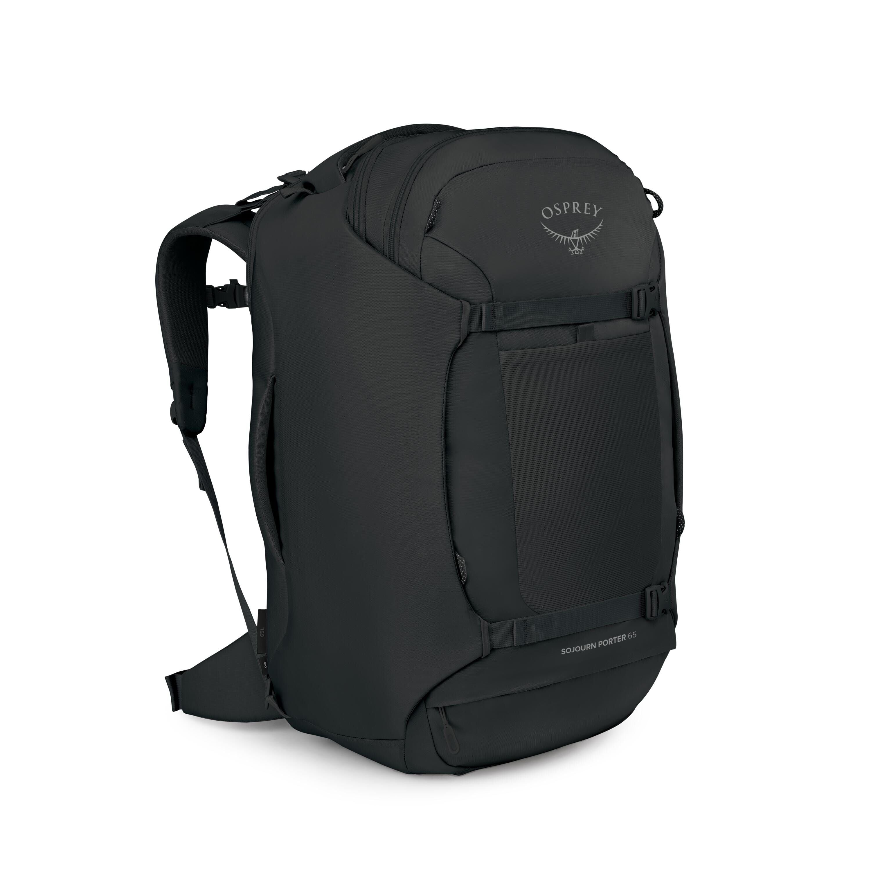 The images show a sleek black Osprey backpack, likely a travel or carry_on style with a streamlined, rectangular profile. It has padded shoulder straps, a hip belt, top and side compression straps, and a large front panel pocket with the Osprey logo above