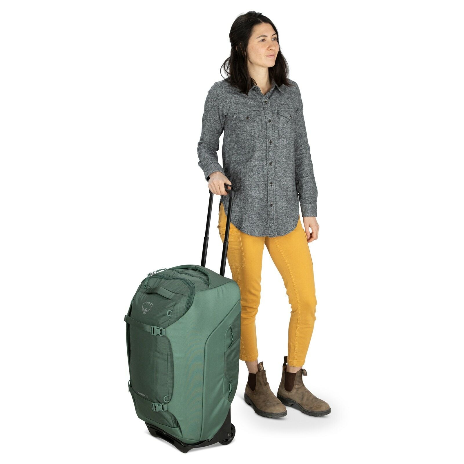 a person modeling the Sojourn™ Wheeled Travel Pack 25"/60L in color Black