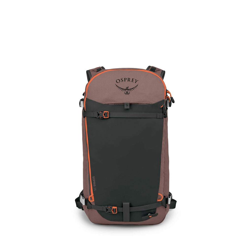 The images showcase a backpack from various angles and in different disassembled components. The primary view is of a well-designed Osprey backpack, which features a blend of dark brown and black materials, accented with orange trim. The pack seems to be
