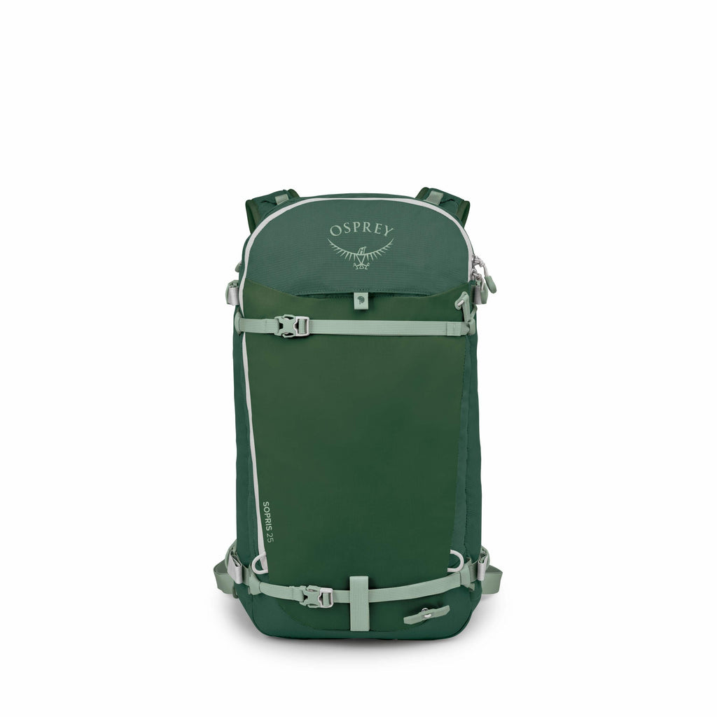 The images showcase a green Osprey backpack from various angles, highlighting its design and components. The first two images display the backpack fully assembled, with visible branding and buckles, suggesting its use for outdoor or hiking purposes. Subse