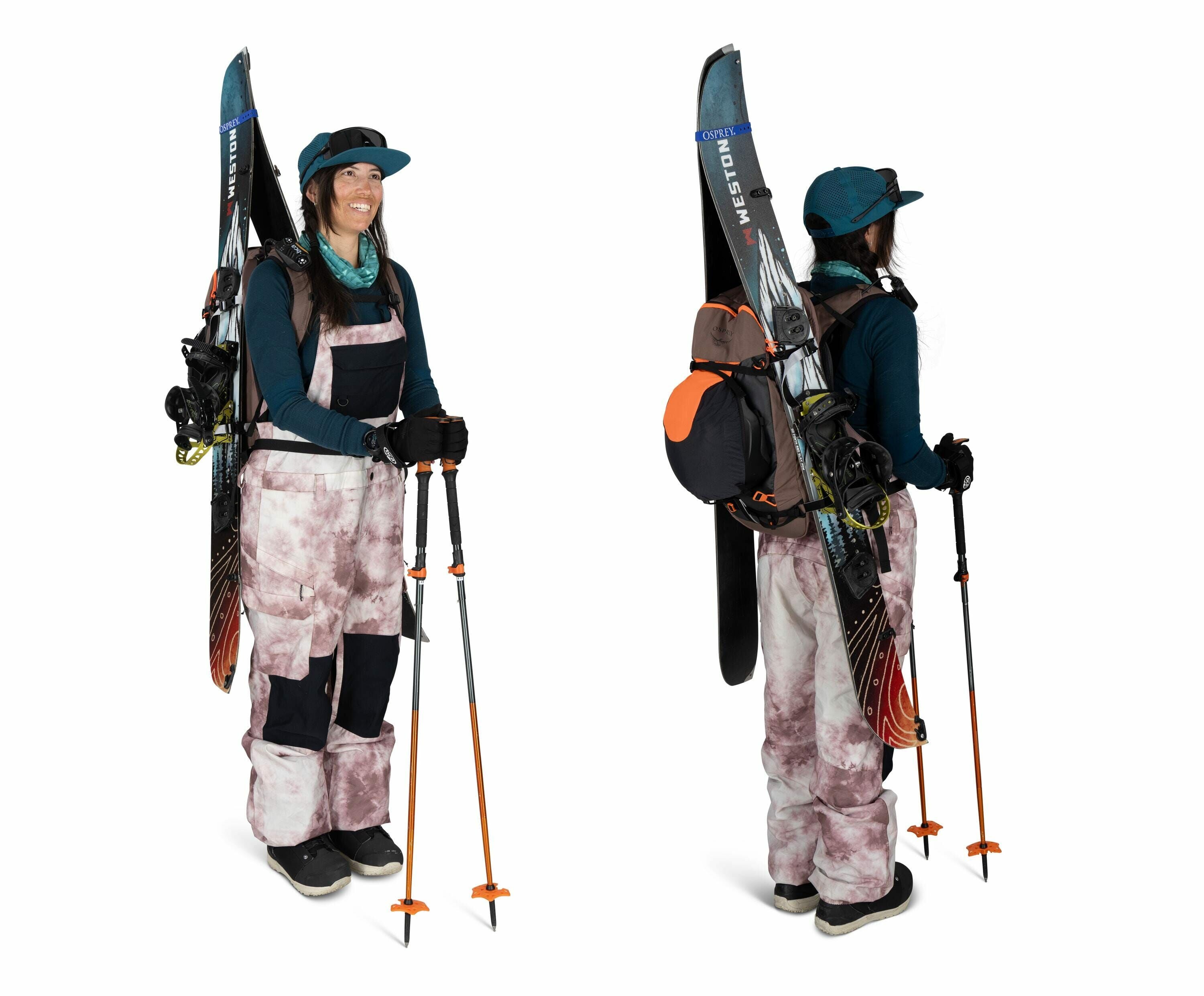 The image shows a person dressed in winter gear, likely prepared for skiing or snowboarding. They are wearing a blue long-sleeve shirt under a pair of pinkish-white patterned snow overalls, and their outfit includes blue gloves and a teal cap. The individ
