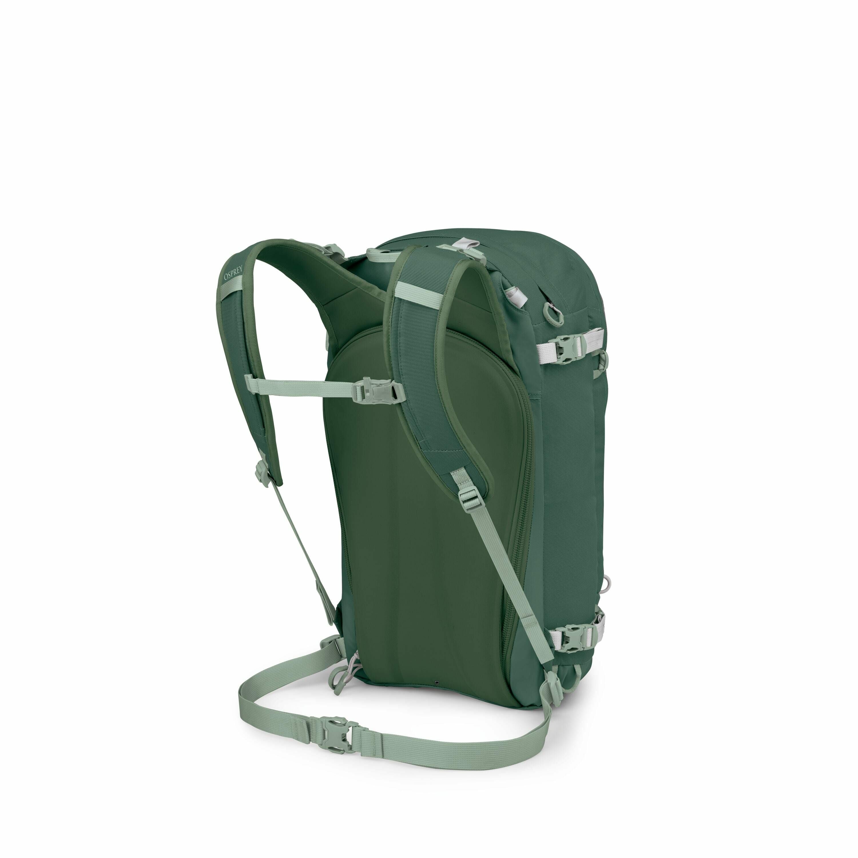 The images depict various views and deconstructed elements of a green backpack. The first two images show the backpack from an angled side view, highlighting its padded back panel, shoulder straps, and top handle. Subsequent images illustrate individual c