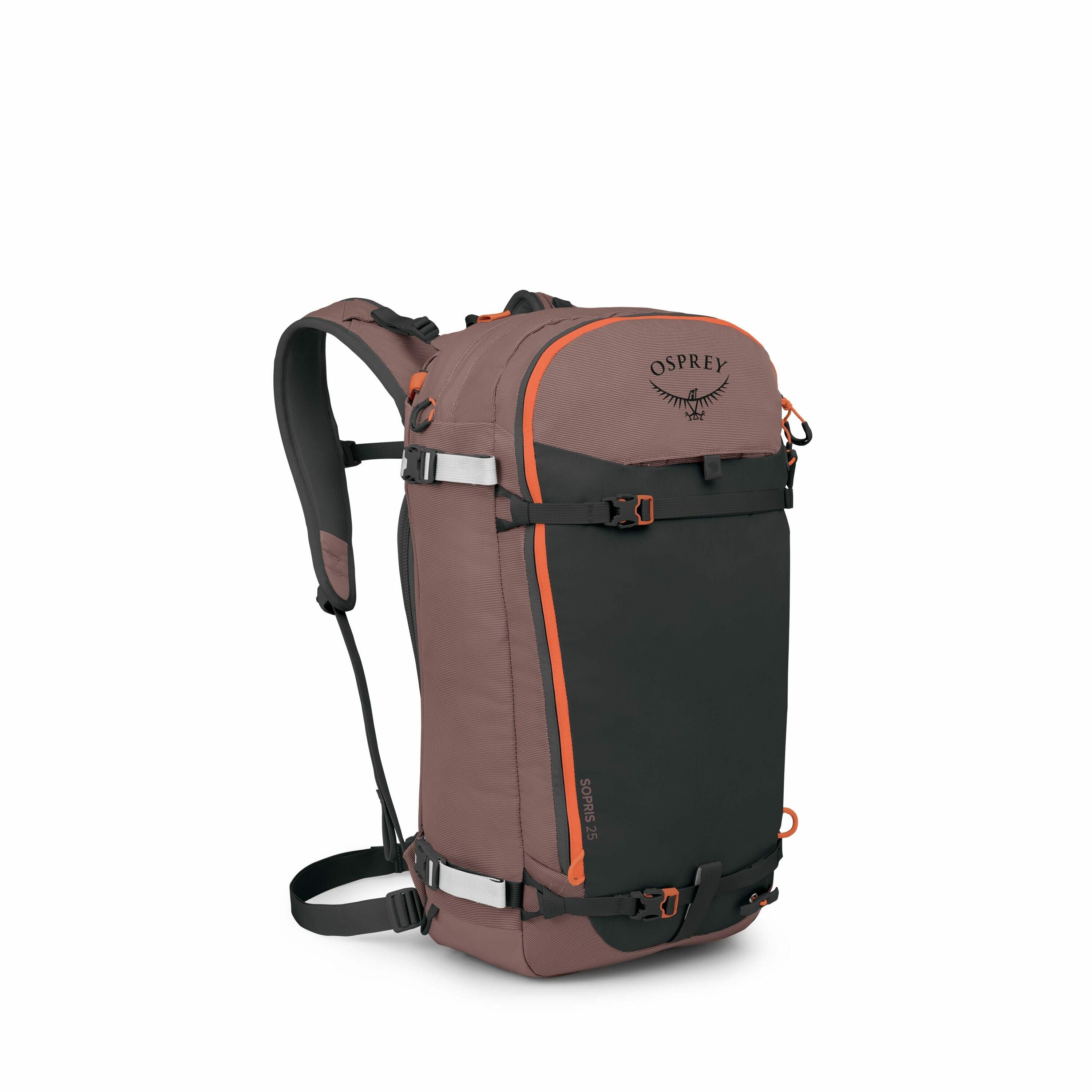 The image displays an Osprey backpack with a streamlined, outdoor design. The backpack features a combination of dark brown and black colors, accented with bright orange details such as zippers and buckles. It has a sturdy build with multiple straps for s