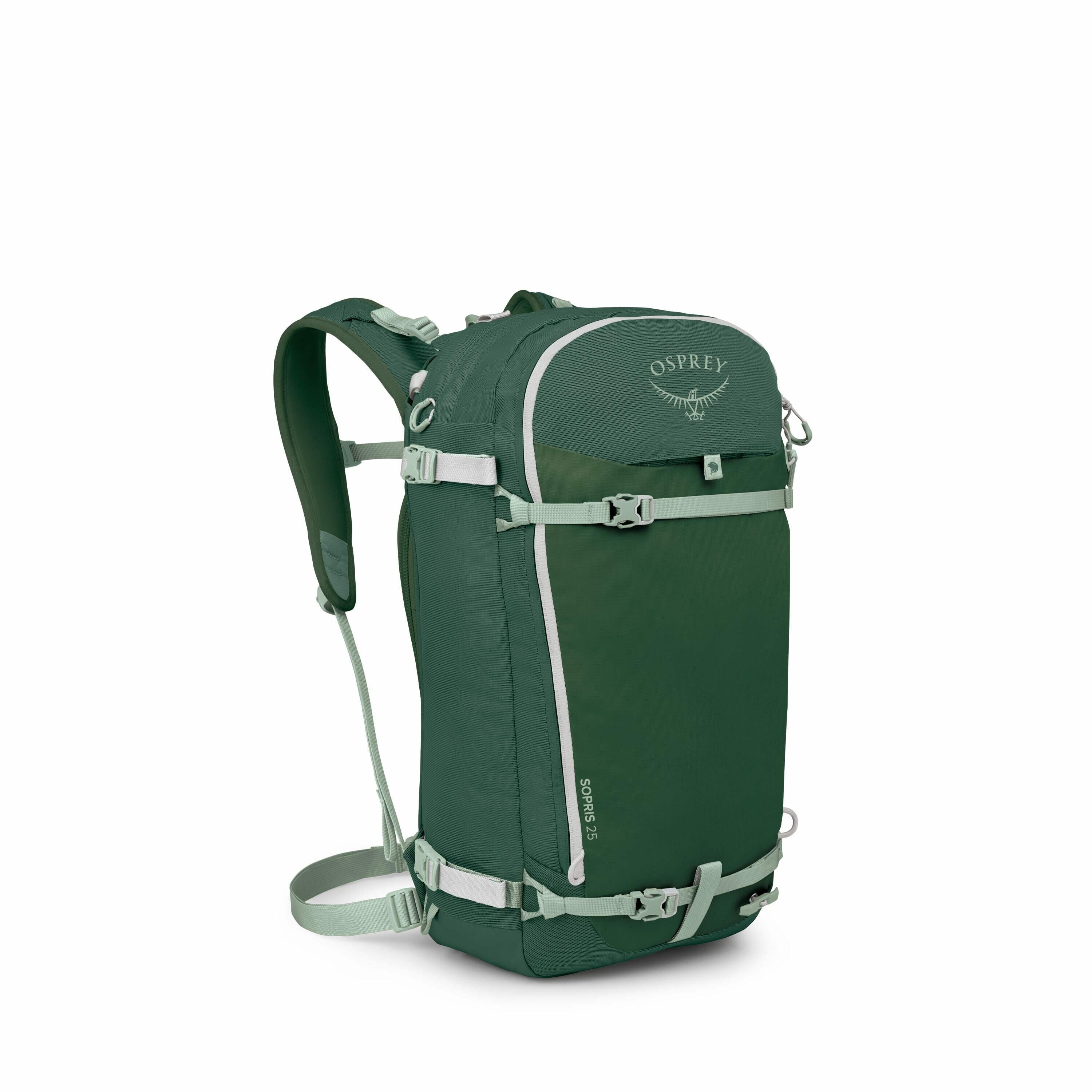 The image series showcases an Osprey backpack, specifically a model in a rich green color with lighter green accents. The backpack features a sturdy, rectangular design with multiple adjustable straps for secure carrying, including a chest and waist strap