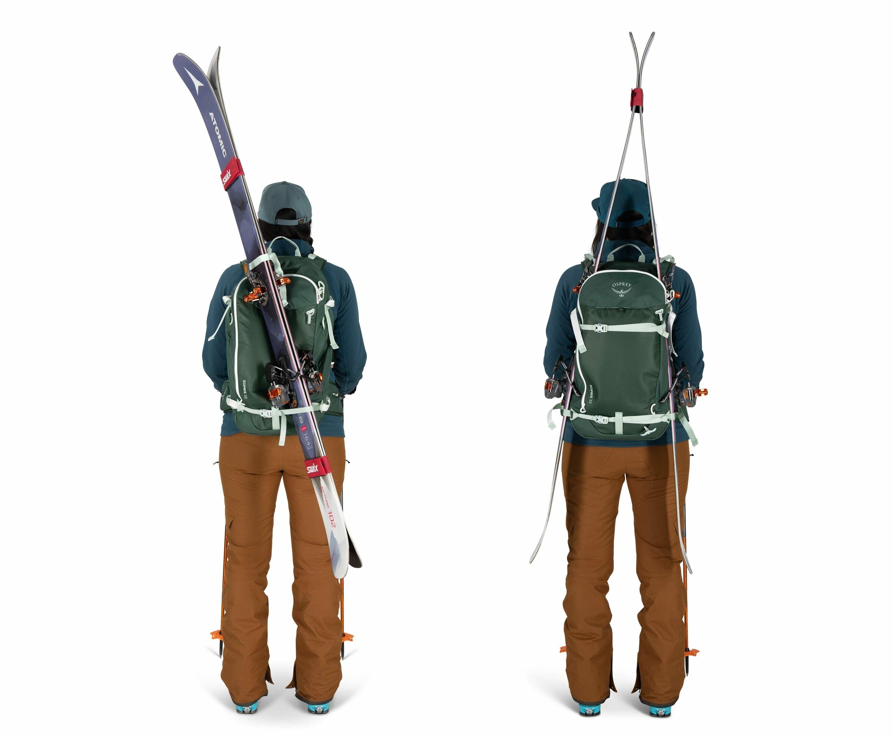 The image shows a person wearing outdoor gear for skiing or snowboarding, viewed from behind in two different positions. They are dressed in a teal jacket, brown snow pants, and blue snow boots, and wearing a cap. In both positions, they carry a green bac