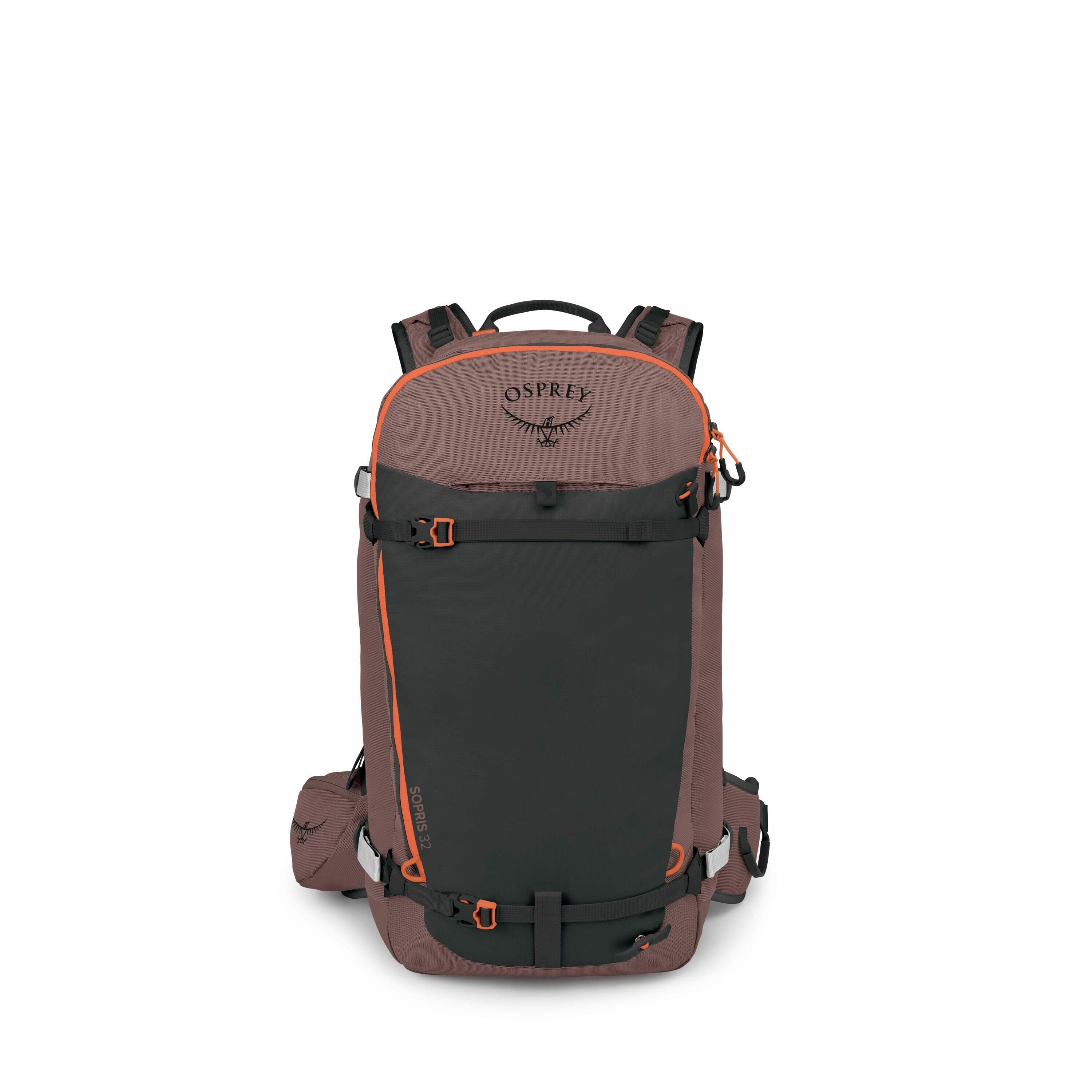 The images depict different stages of a 3D rendering or illustration of an Osprey backpack. In the first image, the backpack is fully assembled and prominently features a combination of brown and black colors with orange accents, showcasing the front with
