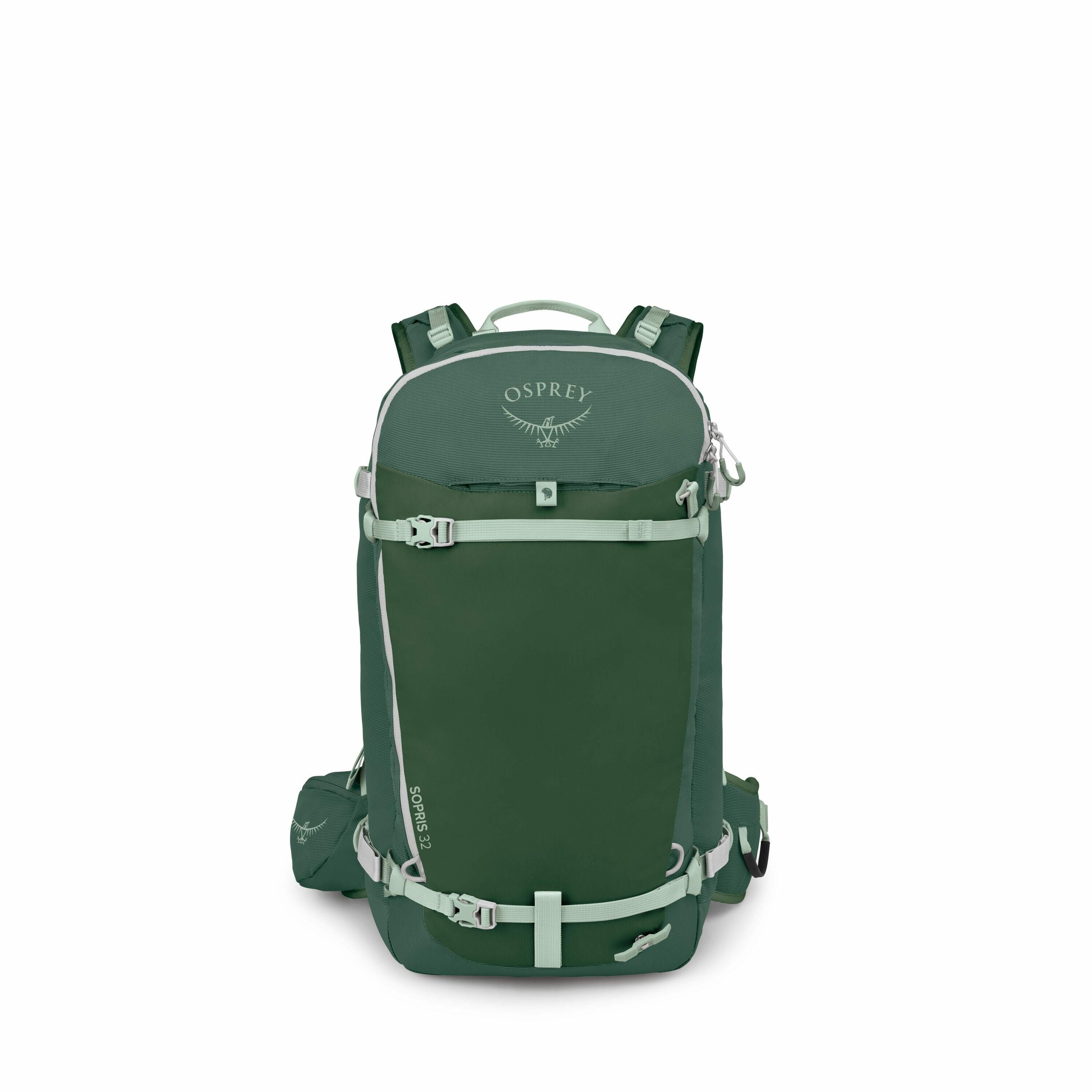 The image shows a green Osprey backpack designed for outdoor activities such as hiking or trekking. It features several compartments and attachment points, including side straps for securing additional gear and a top handle for easy carrying. The backpack