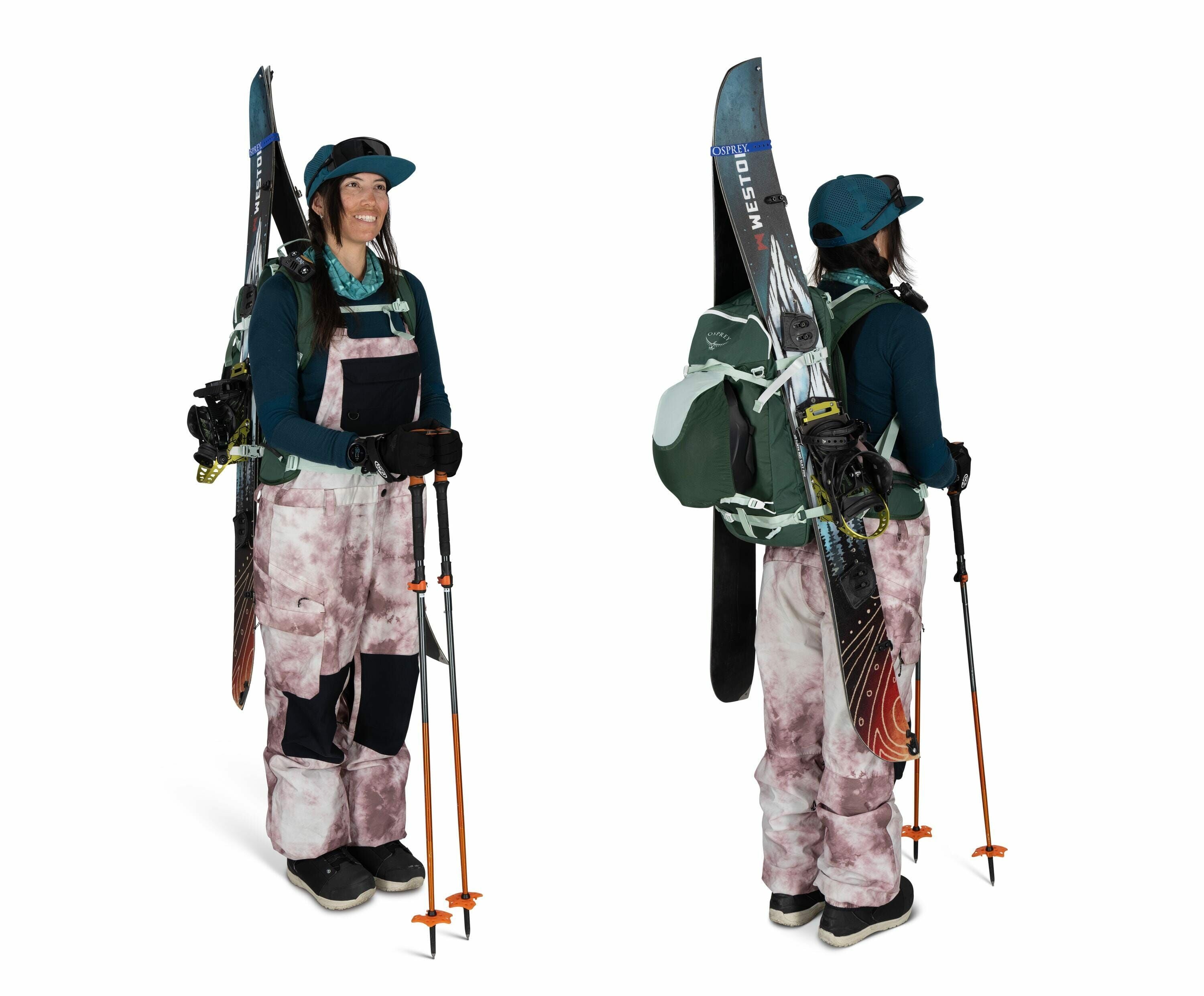 The image shows a person dressed in ski gear, equipped for outdoor adventure in snowy conditions. They are wearing a blue long-sleeve top underneath pink and black patterned overalls. The individual has a large green backpack with attached skis and poles,