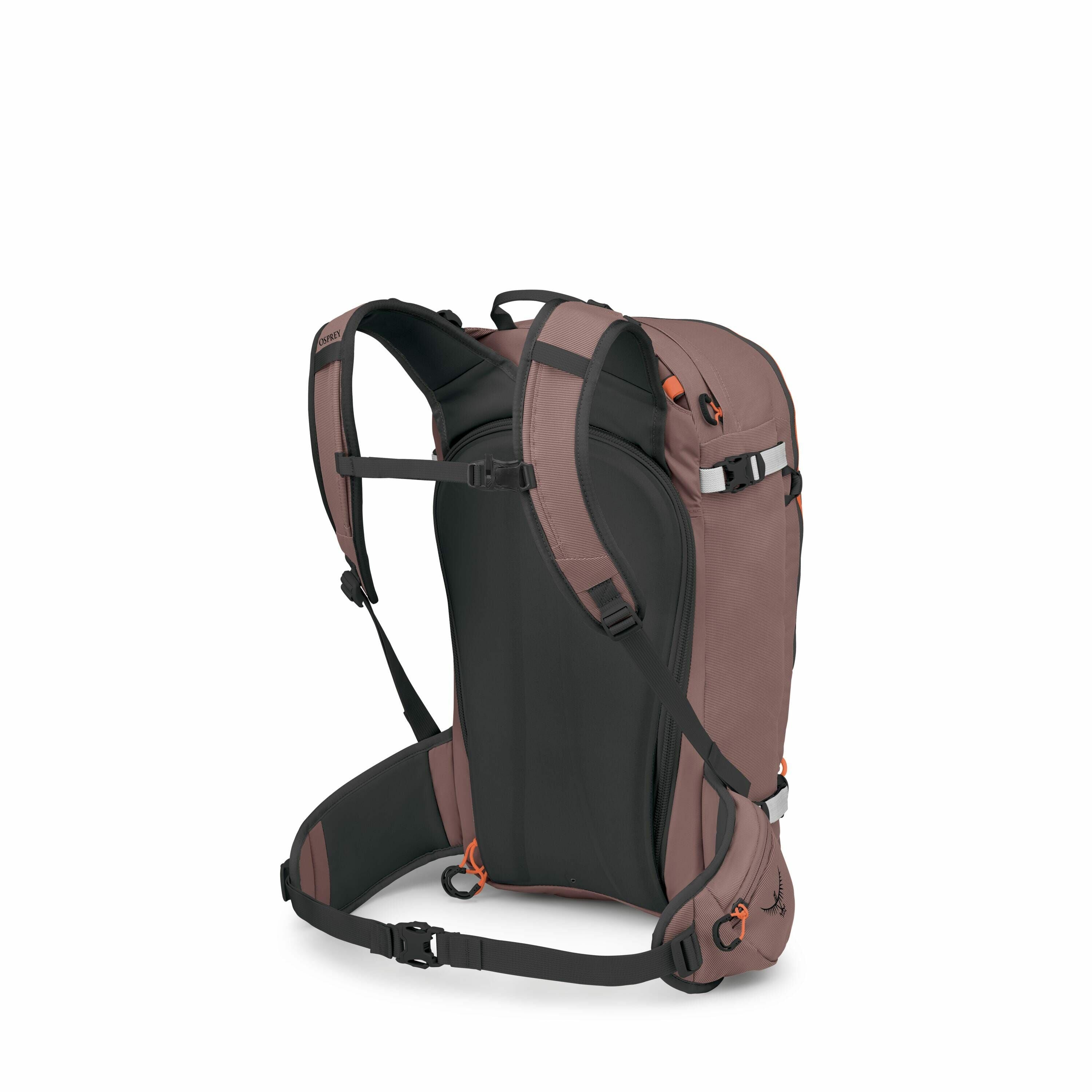 The image series appears to show a breakdown of a hiking backpack, detailing various components and layers of its construction. Initially, the full backpack is shown from the back, highlighting features such as padded shoulder straps, a hip belt, and atta