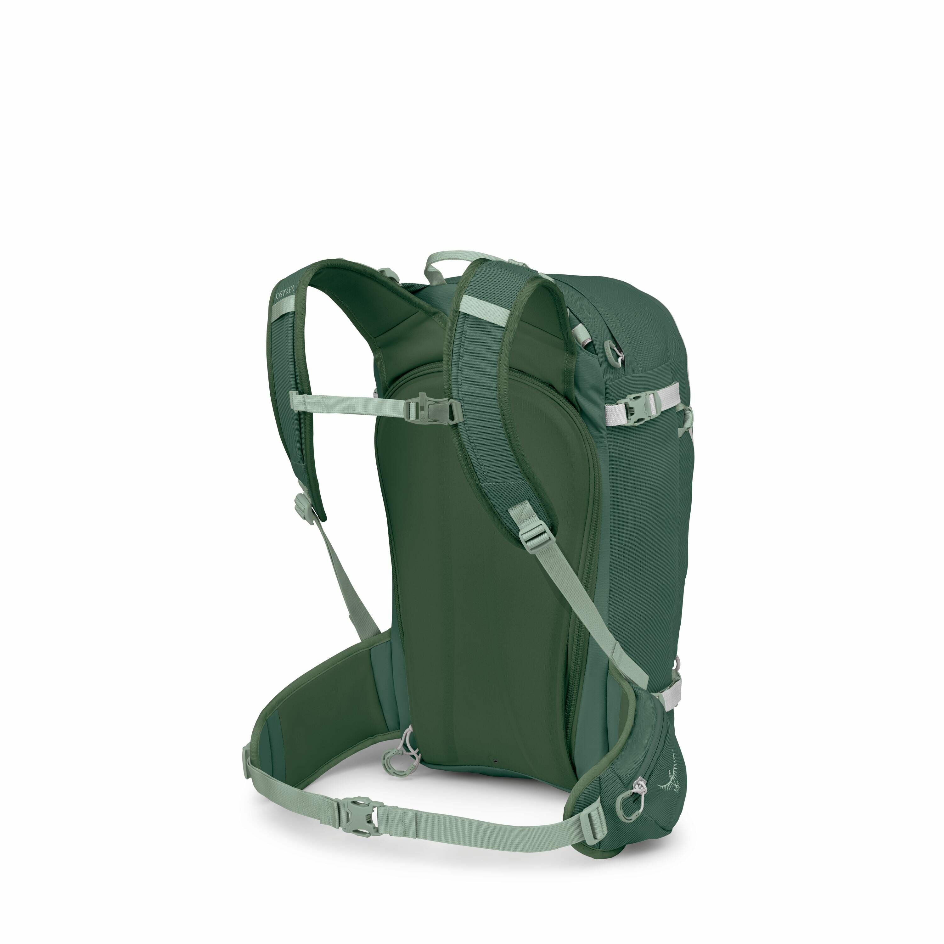 The images depict a series of progressive visual steps of a backpack, likely illustrating its assembly or disassembly process. The backpack is a forest green color with a structured design, featuring adjustable straps and buckles, typical of a hiking or o
