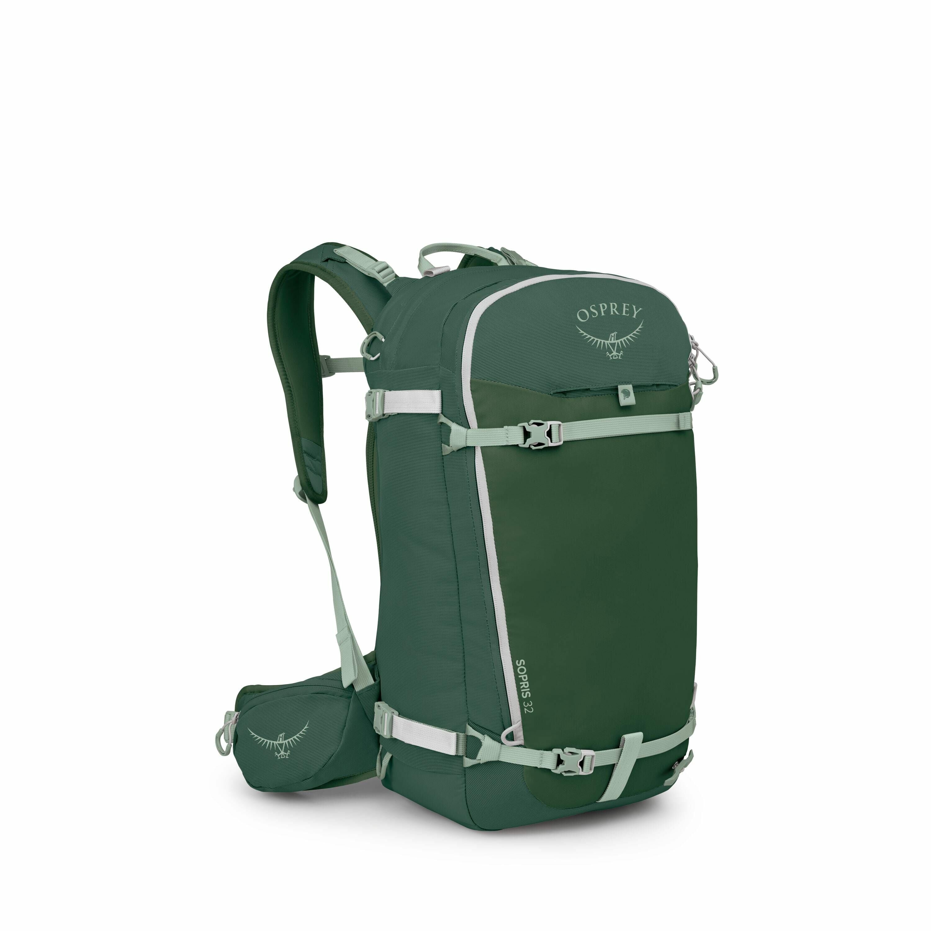 The image features a dark green Osprey backpack, shown from a three-quarter view, highlighting its design and functionality. The backpack has a streamlined, rectangular shape with a top lid and two compression straps on the front, alongside two additional