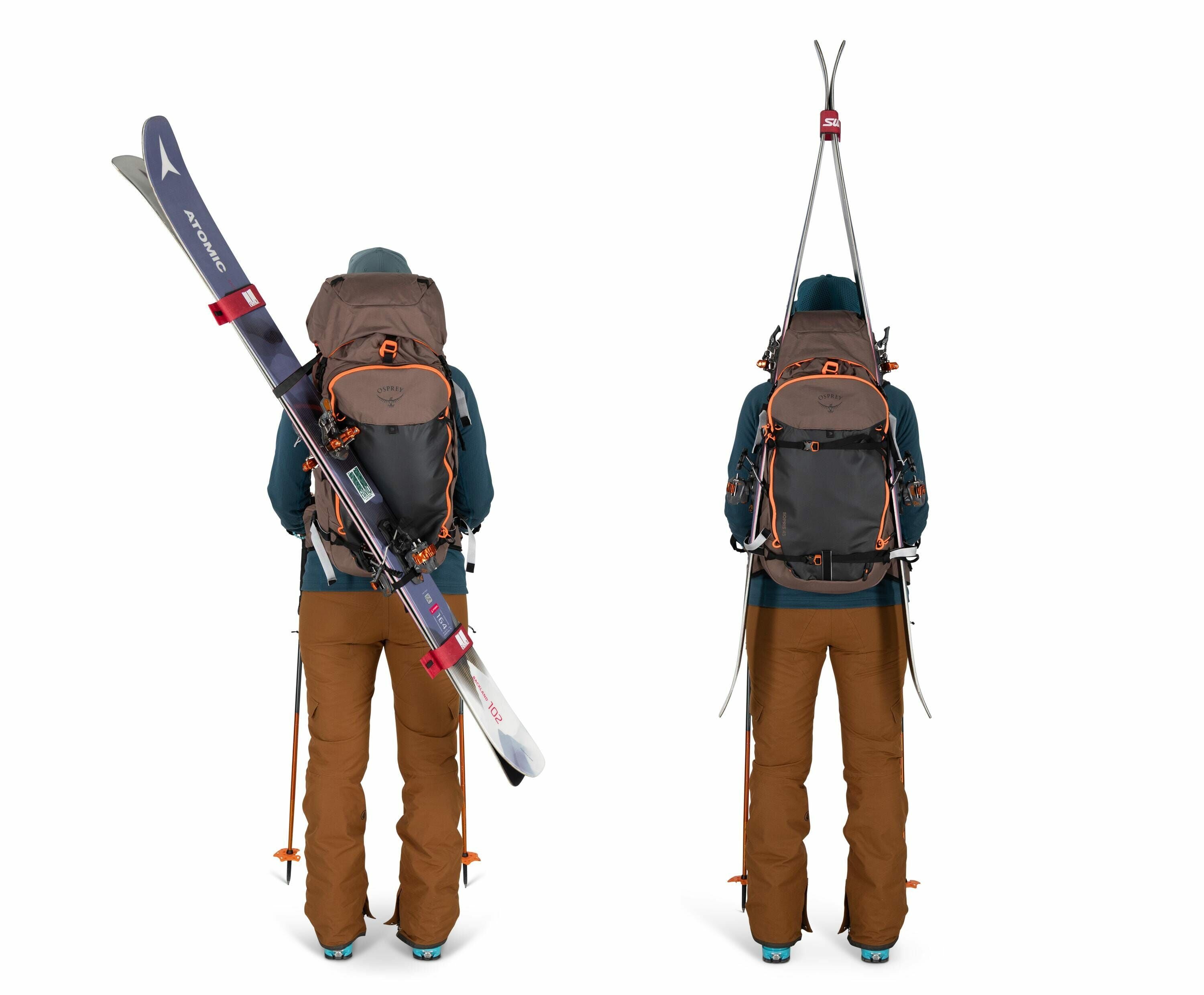 The image shows two back views of a person wearing a backpack specifically designed for skiing or snowboarding activities. The person is dressed in a teal jacket and brown ski pants, and is wearing blue ski boots. In the first view, skis are attached diag