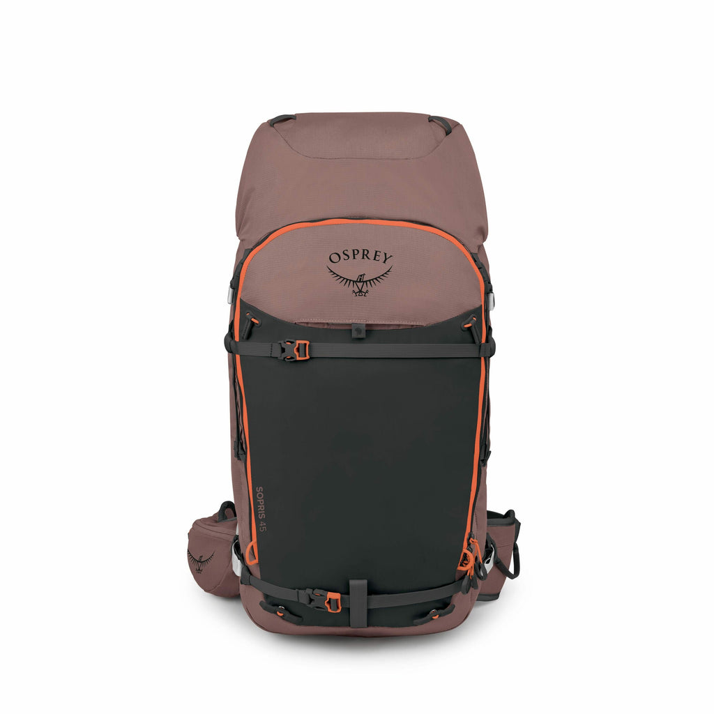 The image depicts an Osprey backpack, which appears to be a high-capacity hiking or trekking pack, shown in a sequence of images that highlight its various components and features. The main compartment is primarily mauve with a large black panel on the fr