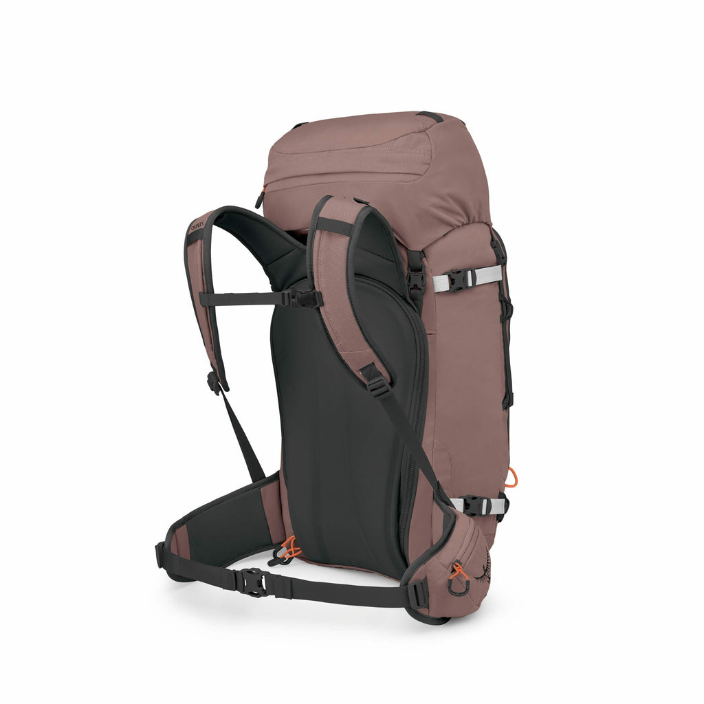 The image set depicts a hiking backpack from various angles, illustrating its design and features. The main backpack is shown with a reddish-brown exterior, equipped with multiple adjustable straps, including shoulder and waist straps for support. There a