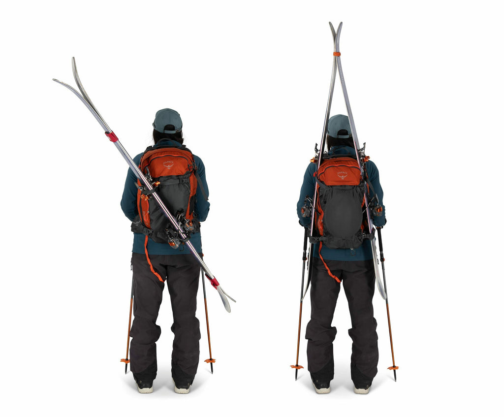 The image shows two views of a person equipped for skiing, seen from behind. The person is dressed in winter clothing, including a dark blue jacket, dark snow pants, and white boots, and is wearing a backpack that has skis attached to it. In the left view