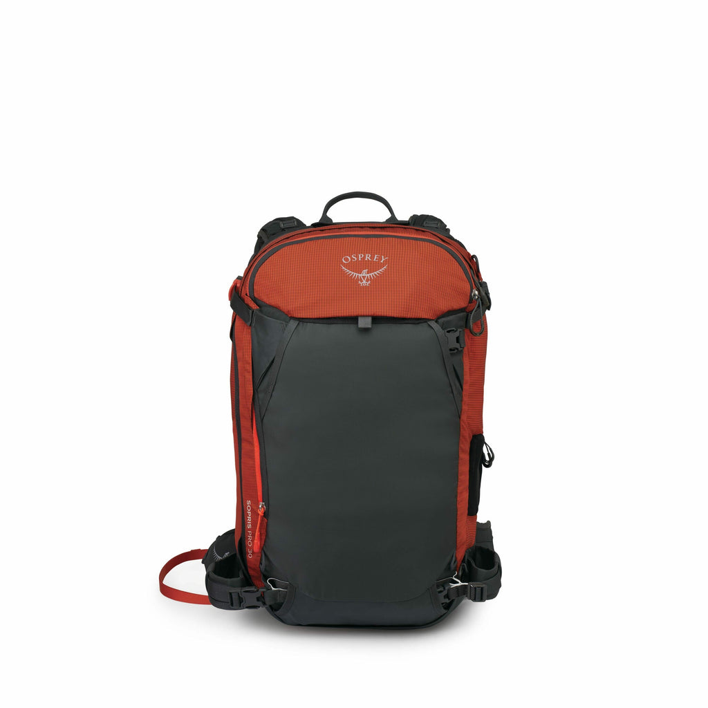 The image shows an Osprey backpack, specifically designed for outdoor activities or hiking. It features a striking combination of red and gray colors, with the upper section and sides being red and the front panel predominantly gray. The backpack has a st