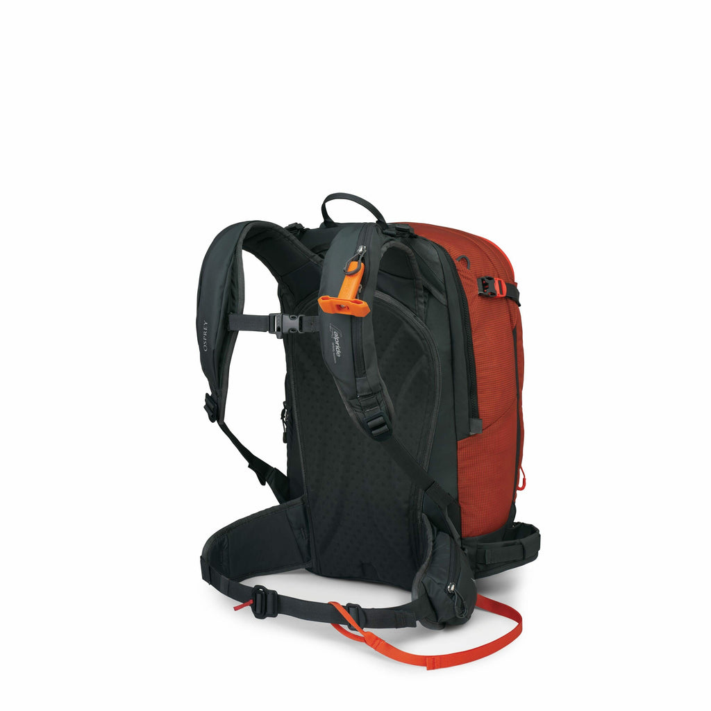 The image features a backpack with a sporty and rugged design, primarily in red and black colors. The backpack is equipped with adjustable straps, including shoulder, chest, and waist straps, providing support and comfort for the wearer. The back panel ap