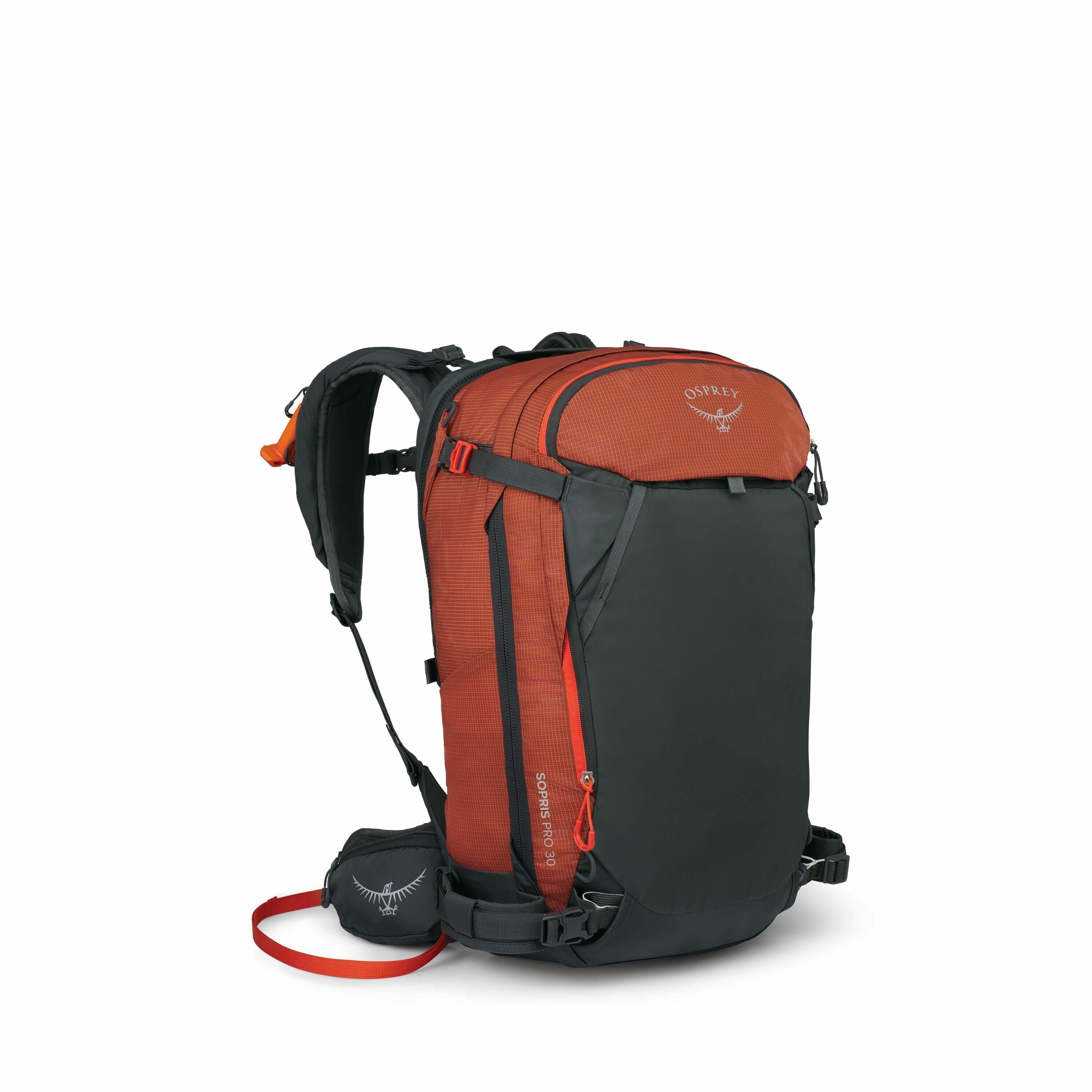 The images show a backpack designed for outdoor activities, likely hiking or mountaineering. The main color of the backpack is a dark slate gray, with contrasting bright orange sections on the top and some of the straps, which are adjustable. The backpack