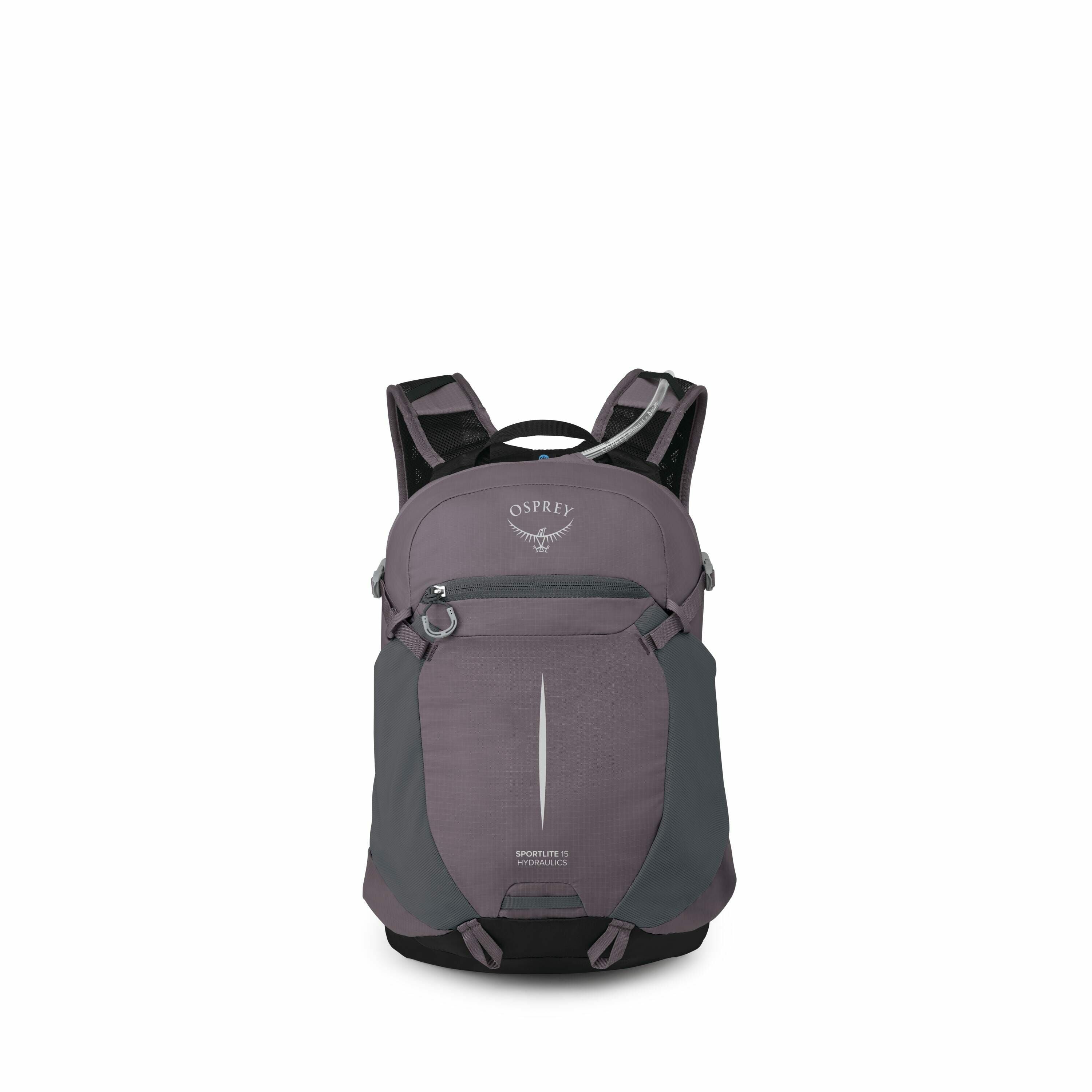 The image showcases an Osprey backpack, specifically the Sportlite 15 model, displayed frontally. The backpack is primarily a dark gray color with a subtle reflective vertical stripe on the front pocket for added visibility. The Osprey logo, with its sign