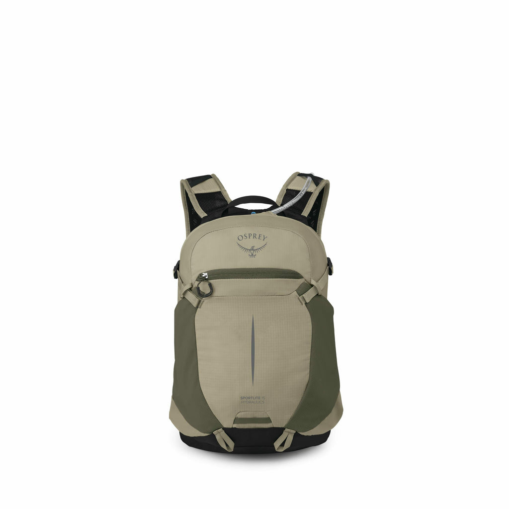 The image displays a series of photos featuring an Osprey backpack, specifically the Sportlite 15 model. The backpack is showcased in different stages of assembly, with each image highlighting various parts and sections of the bag. The first image shows t