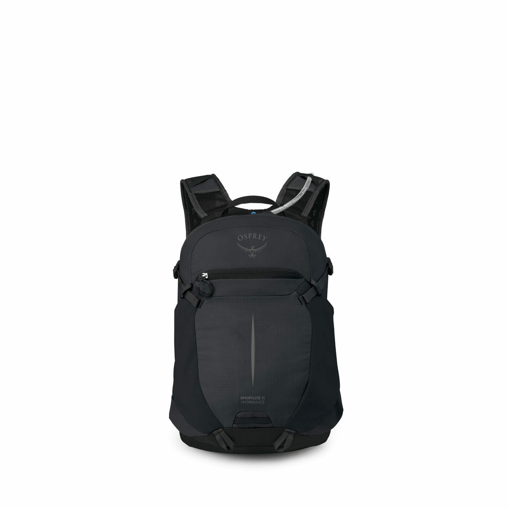 The image displays a sleek black backpack from the front view. It features a logo at the top that reads "Osprey" with a wing design beneath it. The backpack is designed for hydrating purposes as indicated by the "Sportlite 15 Hydraulics" label on the fron