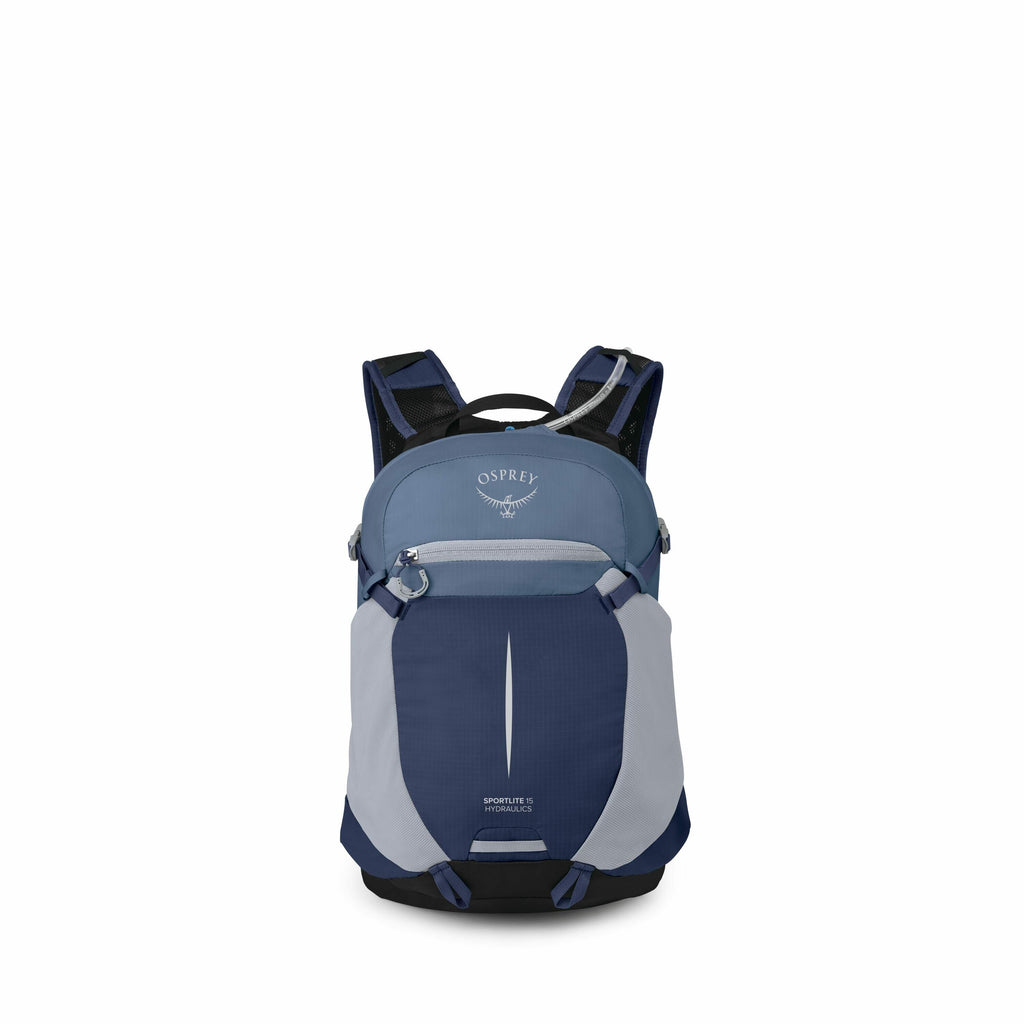 The images display an Osprey backpack from various angles and stages of assembly. The backpack is primarily blue with different shades accentuating its design, and features the "Osprey" logo prominently on the front. The first image shows the fully assemb