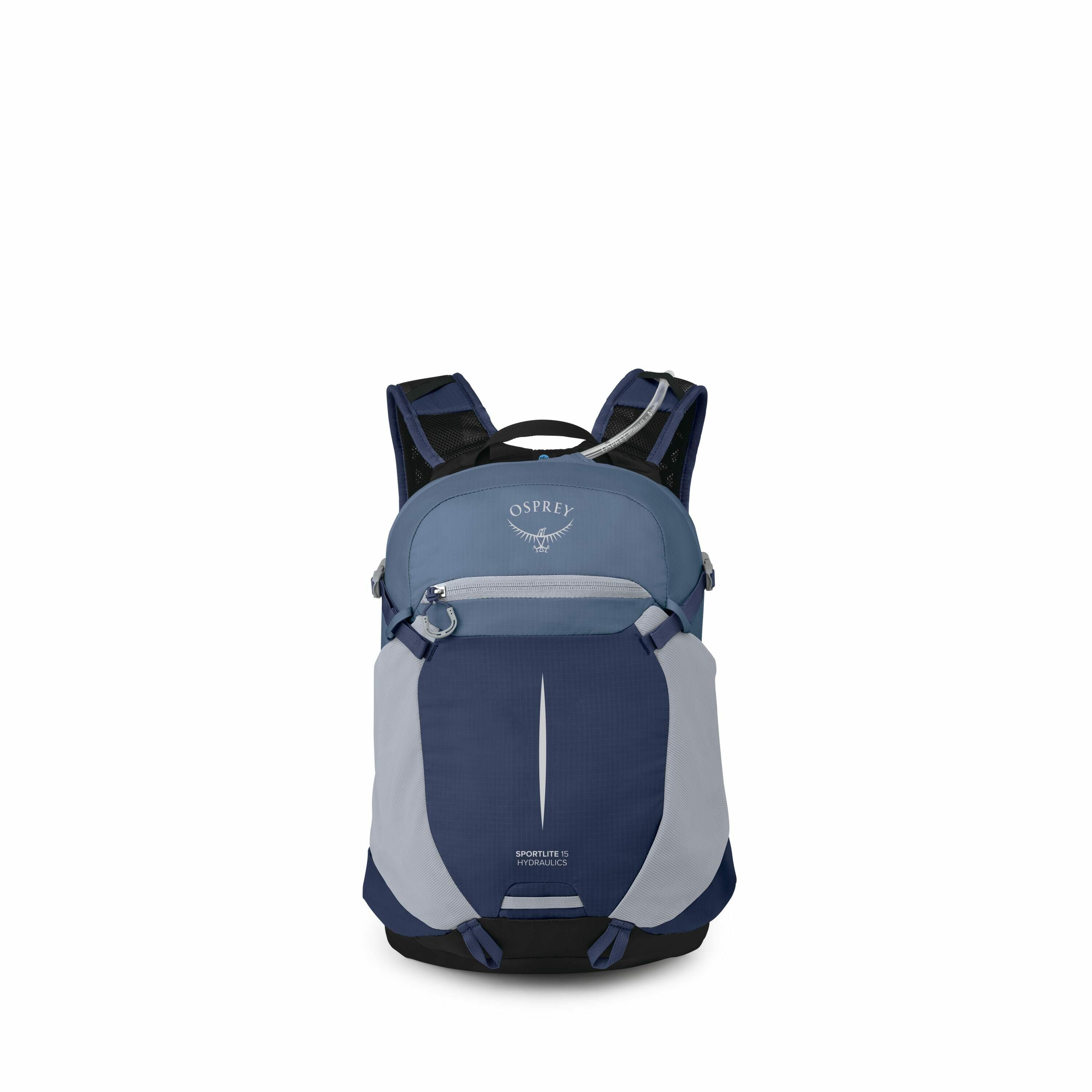 The images display an Osprey backpack from various angles and stages of assembly. The backpack is primarily blue with different shades accentuating its design, and features the "Osprey" logo prominently on the front. The first image shows the fully assemb
