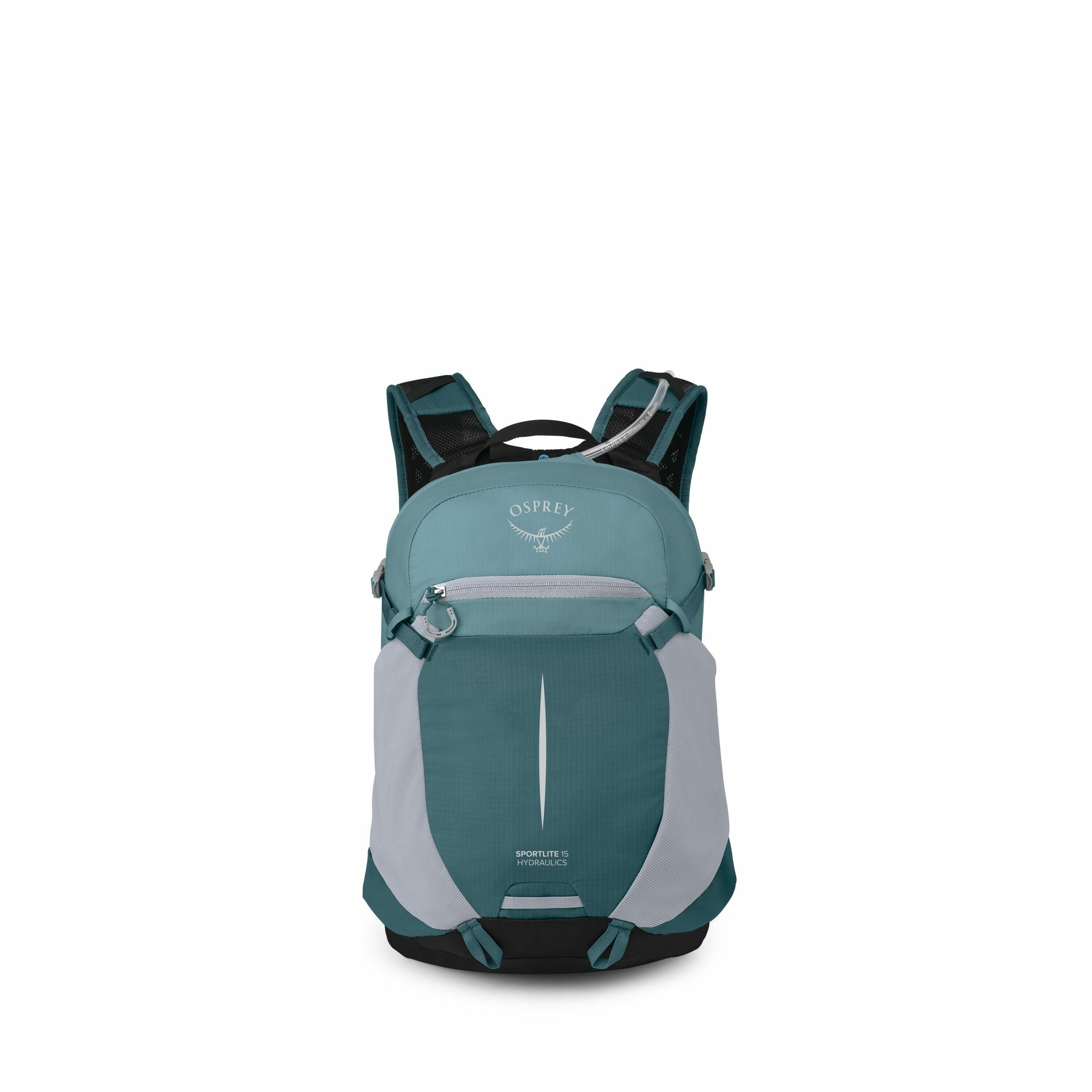 The image showcases an Osprey backpack, prominently featuring its front view. The backpack is primarily teal with light gray accents and features the Osprey logo on the upper front panel. It includes multiple compartments and straps, suggesting functional