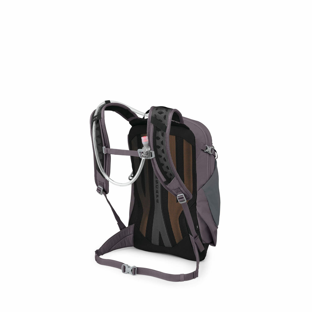 The image features a gray backpack with a hydration system, typically used for hiking or outdoor activities. The backpack is angled to show its back, highlighting its ergonomic design with padded support for comfort. The hydration system includes a hose a