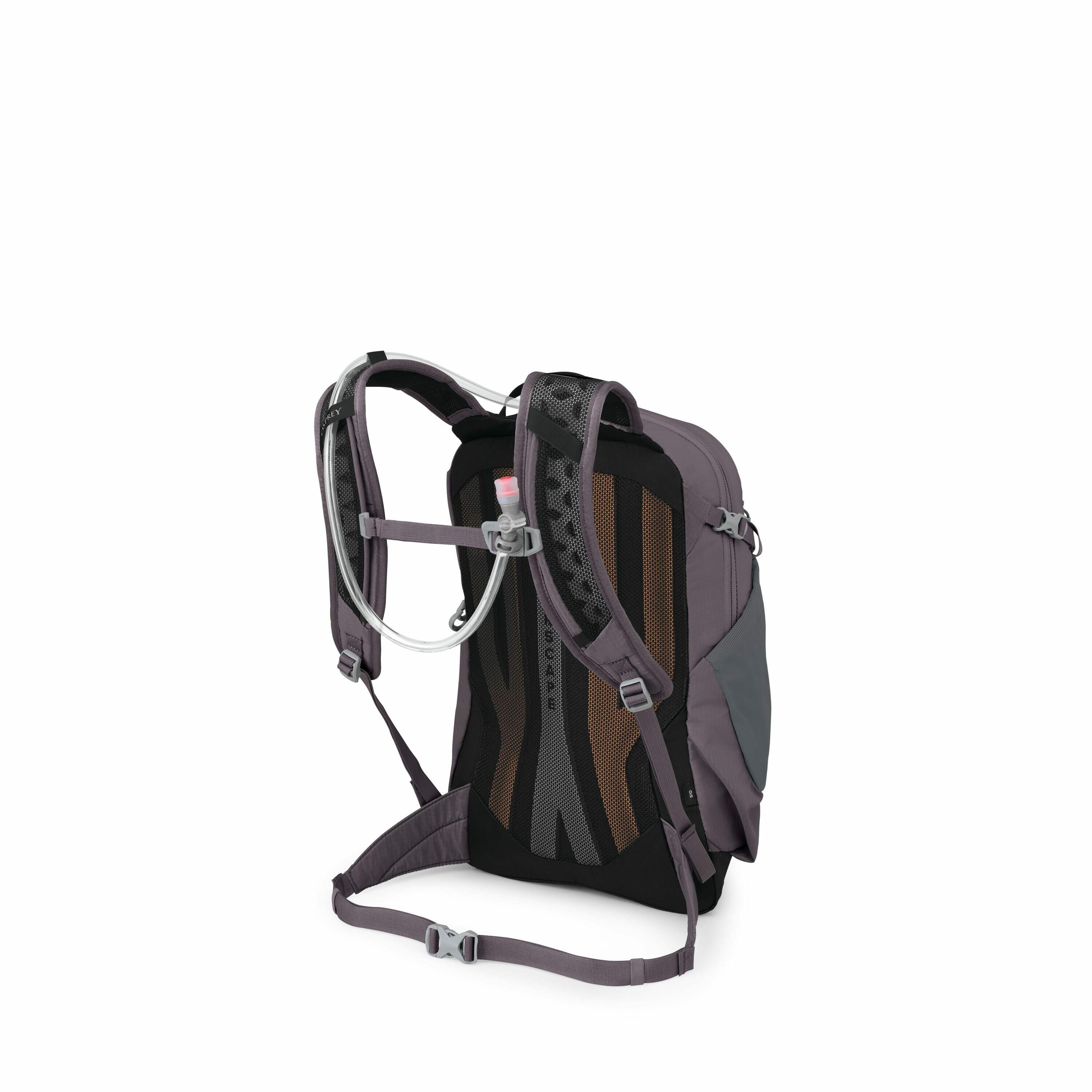 The image features a gray backpack with a hydration system, typically used for hiking or outdoor activities. The backpack is angled to show its back, highlighting its ergonomic design with padded support for comfort. The hydration system includes a hose a