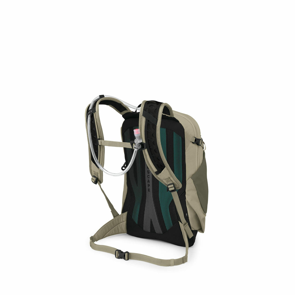 The image displays a khaki-colored hydration backpack designed for outdoor activities such as hiking or biking. The backpack features a hydration system with a visible tube and mouthpiece, which runs along the shoulder strap for easy access. The back pane