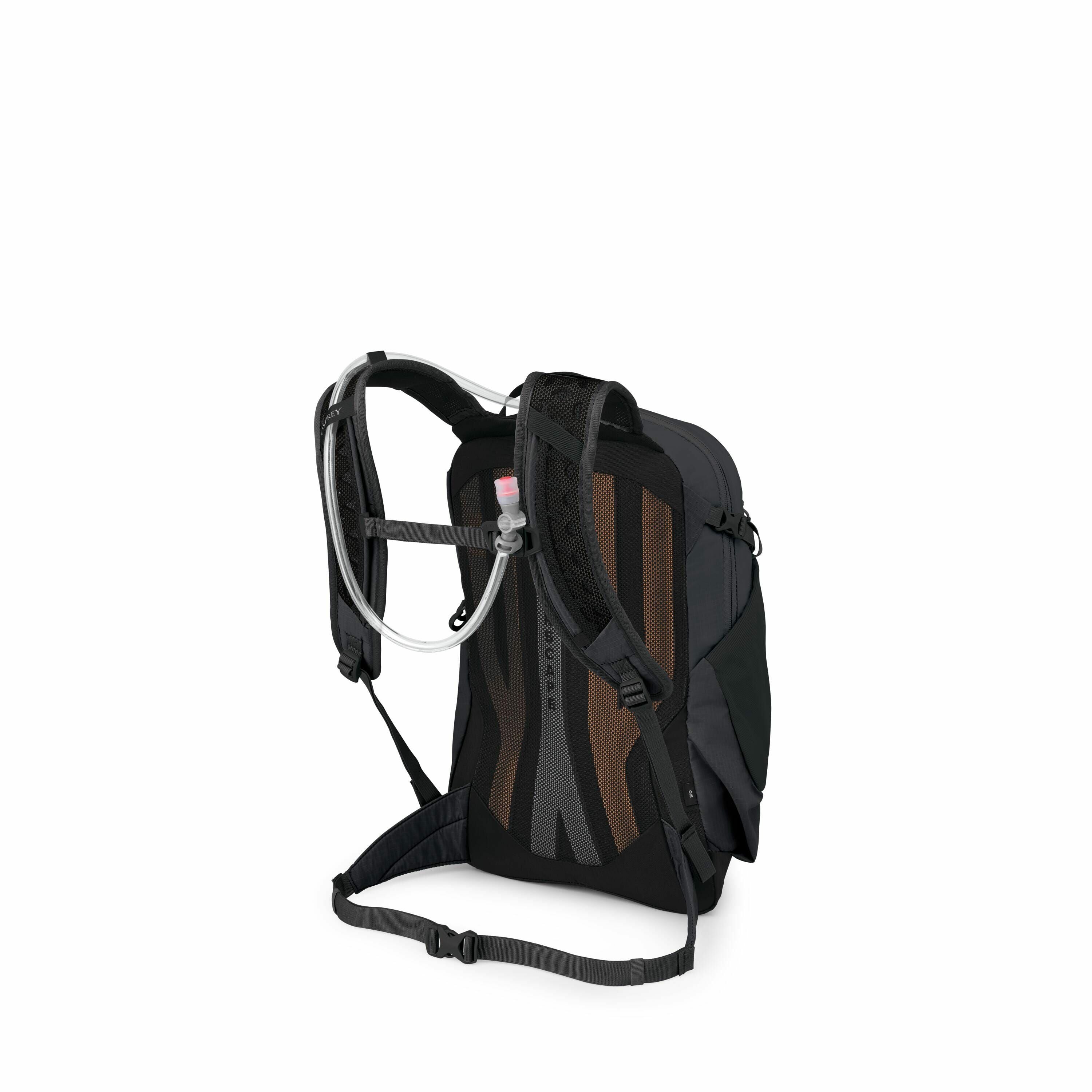 The image depicts a dark-colored hydration backpack with a slim and ergonomic design, ideal for outdoor activities such as hiking or cycling. The backpack features padded straps for comfort and support, along with a chest and waist strap for secure fittin