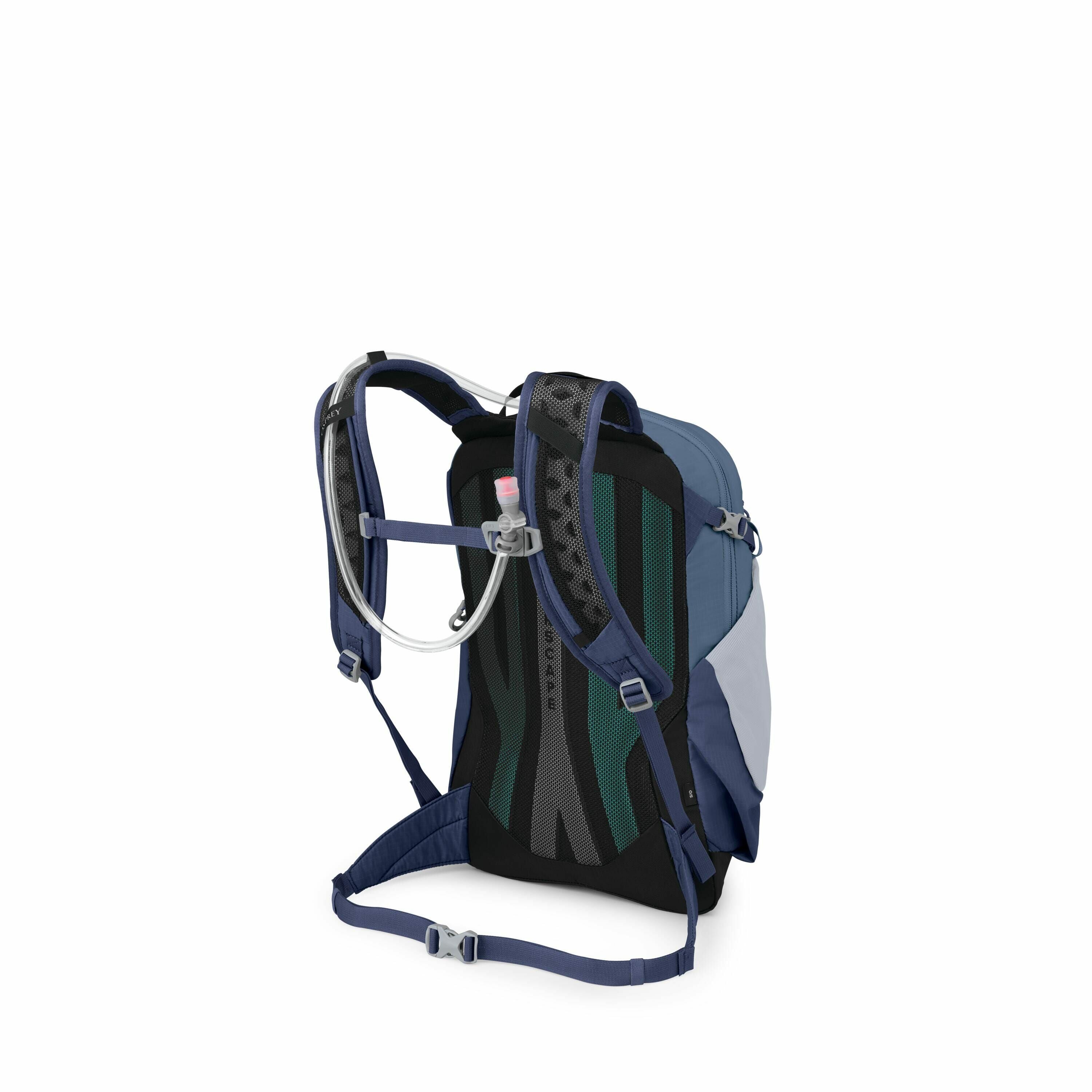 The image showcases a technical backpack designed for outdoor activities, featuring a durable construction with a combination of dark and light blue colors. The backpack is equipped with adjustable straps and a hydration system, visible with a tube attach